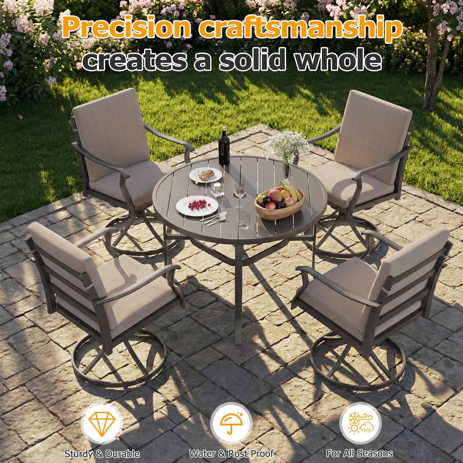 EROMMY 5-Piece Outdoor Patio Dining Set, 4 Swivel Chairs with Removable Cushions & Round Metal Table with Umbrella Hole, All-Weather Furniture for Backyard, Garden and Deck