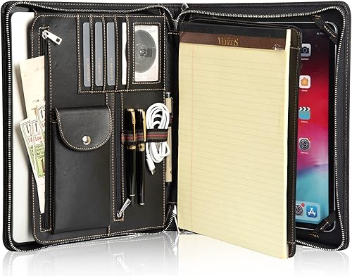 AZXCG Cartera de cuero para negocios, portapapapeles con cremallera, carpetas A4 para documentos, Compedio de cuero, regalo para él, negro, para