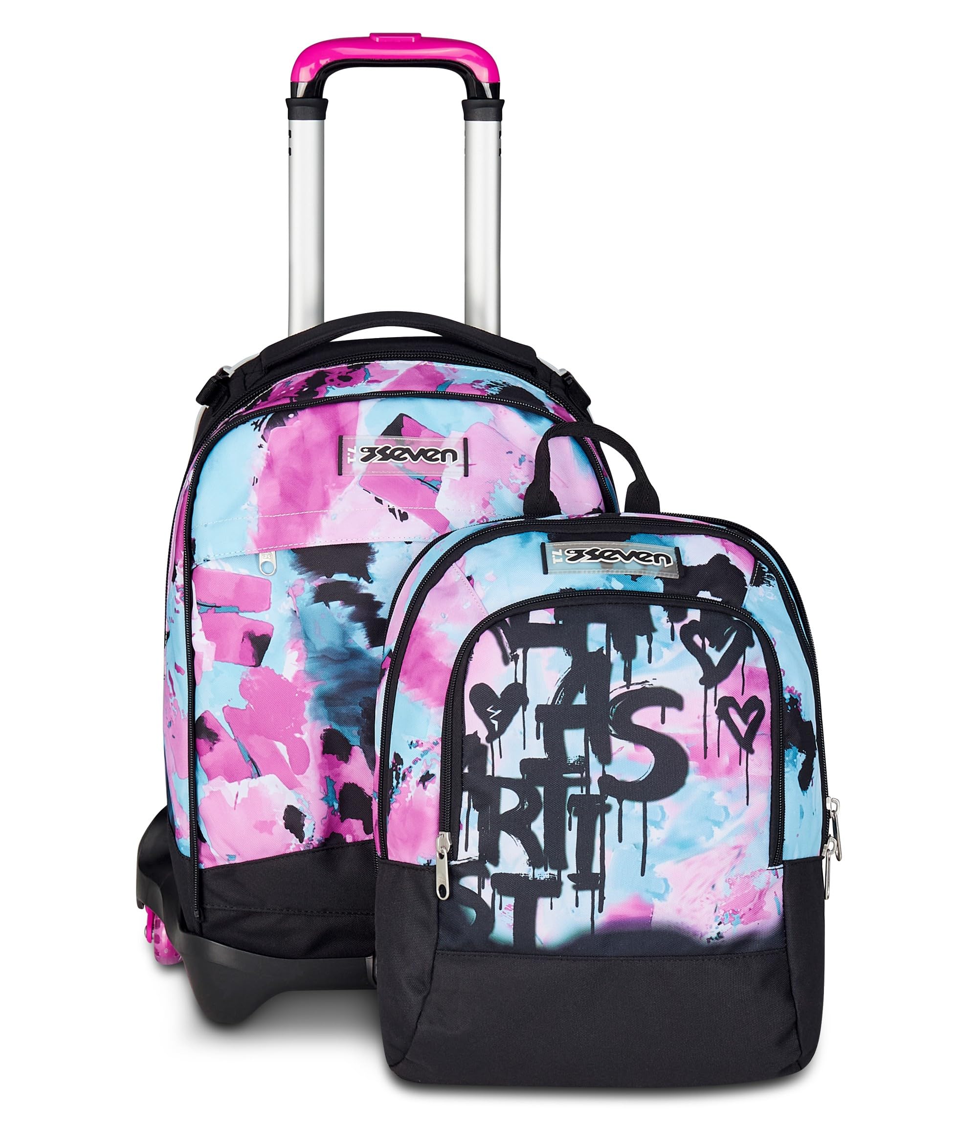 Seven Trolley Scuola Jack 3 Ruote Detach, Azzurro Fucsia, Zaino Con Carrello Sganciabile da 37 L Tasca Borraccia, Zainetto Staccabile, Multiuso e Spazioso, Scuola Elementare e Media, Zaino Bambina