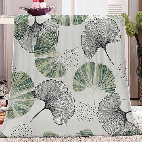 Manta de invierno y otoño para sofá de 60 x 80 pulgadas, manta de franela de forro polar con estampado abstracto de hojas de ginkgo, manta suave