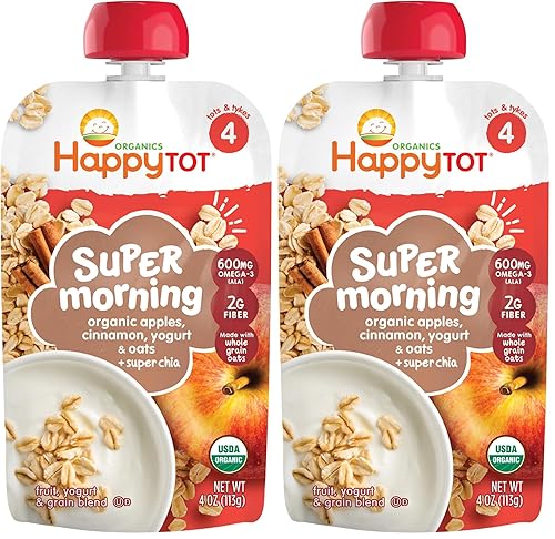 Happy Tot Organics Super Morning Stage 4, Manzana, Canela, Yogur y Avena + Super Chia, 4 onzas (paquete de 2)