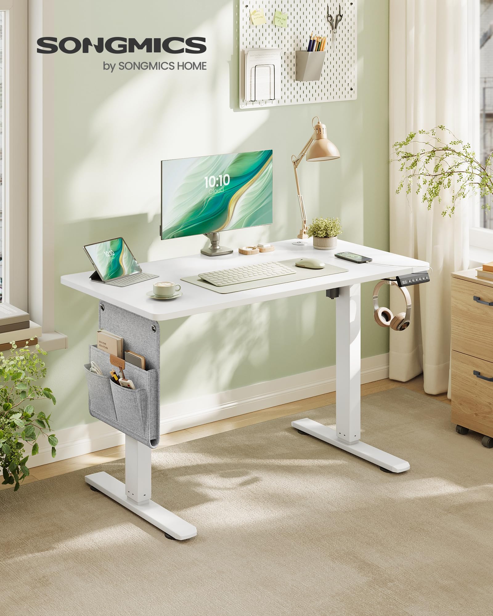 SONGMICS Elektryczne biurko z regulacją wysokości, 100 x 60 cm, funkcja pamięci z 4 wysokościami, port USB-C, chmurkowa biel LSD130WZ01