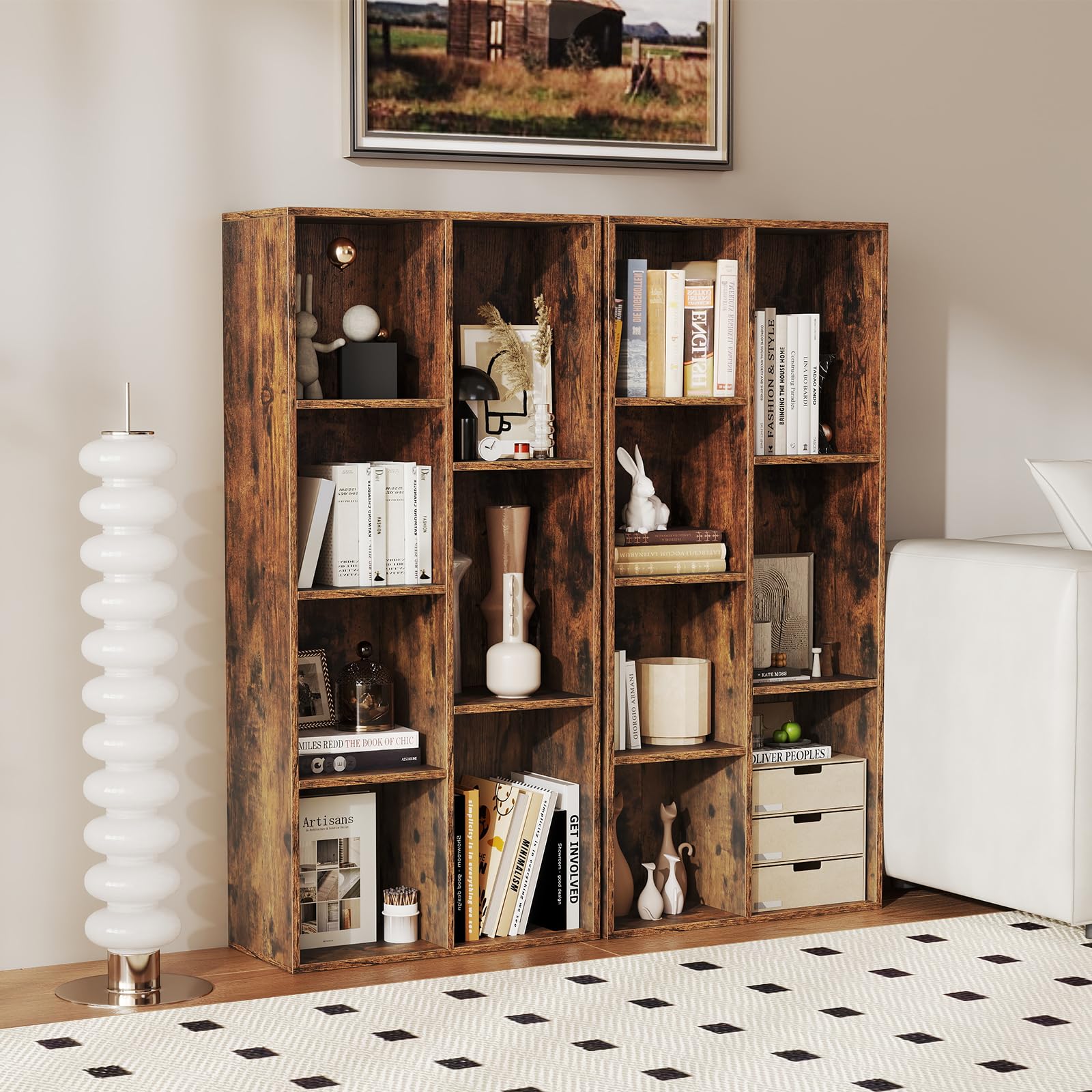 KOMFOTTEU Libreria Verticale con 8 Cubi, Mobile Contenitore in Legno, con 2 Dispositivi Antiribaltamento, Libreria Scaffale per Soggiorno, Camera da Letto, Ufficio, 49,5 x 23 x 106 cm (Marrone)