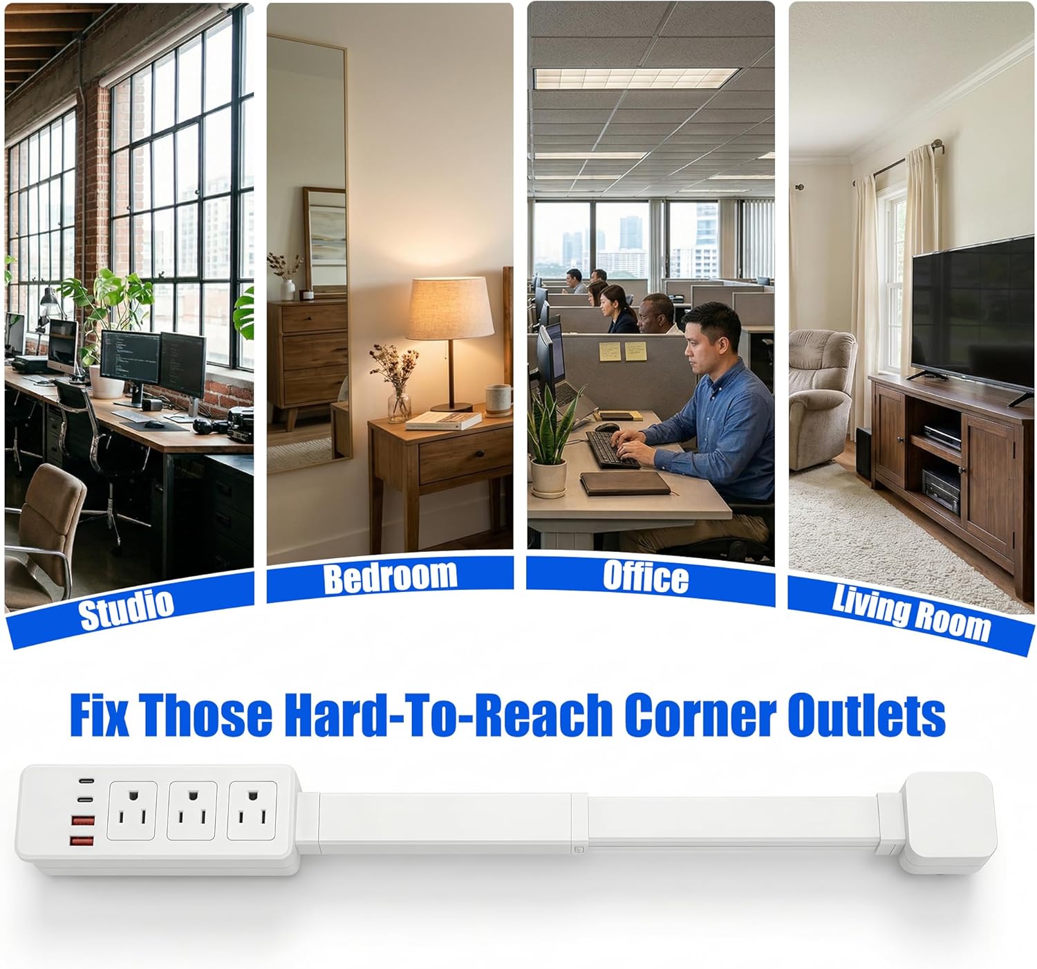 Electrical Outlet Extender with 2 USB-A 2USB-C 3AC Outlets, 360°Rotating Wall Outlet Extender Stick 19”-28.2” Extendable for Hard to Reach Outlet Extender Behind Couches, Nightstands, Desks, and More