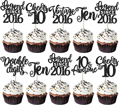 Xsstarmi 24 Pack Legend Since 2016 Cupcake Toppers Black Glitter Double Digits Vintage 2016 Cupcake Picks Cheers to 10 Awesome Ten Cake Decorations for Happy 10th Birthday Party Supplies
