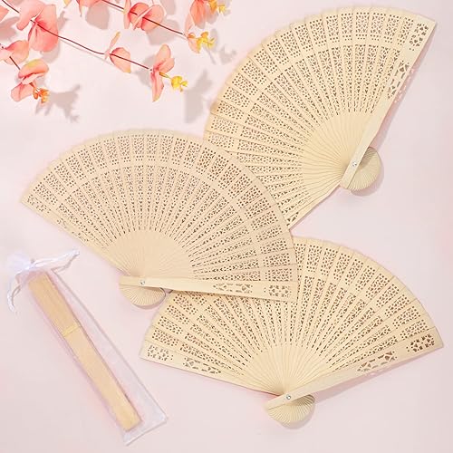 Miniatura 4 de MCEAST Paquete de 60 ventiladores plegables de madera de sándalo a granel, ventiladores de mano de madera de 7.9 pulgadas con bolsas de organza,