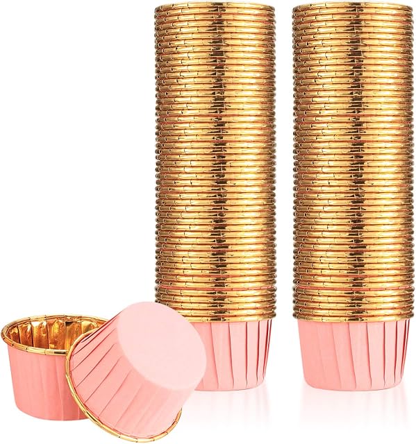 100 Pcs Cupcake Muffin Baking Cases Liners, Foil Metallic Cupcake Paper Cups Wrappers Liners Cases for Cupcakes, Candies, Birthday, Wedding, Holiday Party - Pink/2*1.6 inch