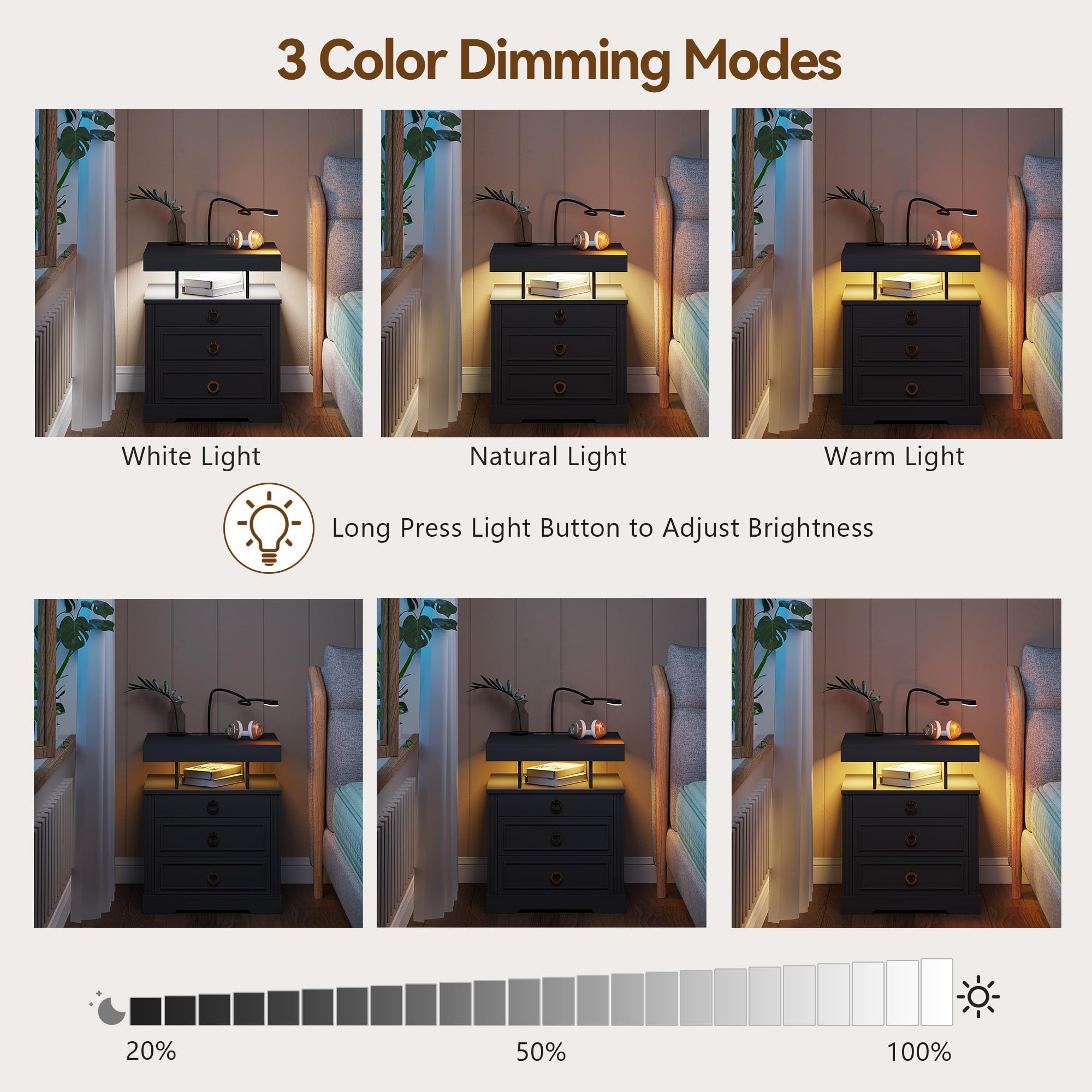 Lvifur LED Table de Chevet avec Station de Charge, Meuble de Chevet avec 3 lumières de Couleur, Commode avec 3 Tiroirs Variable Capteur Automatique USB Type-C Chambre à Coucher Salon Noir