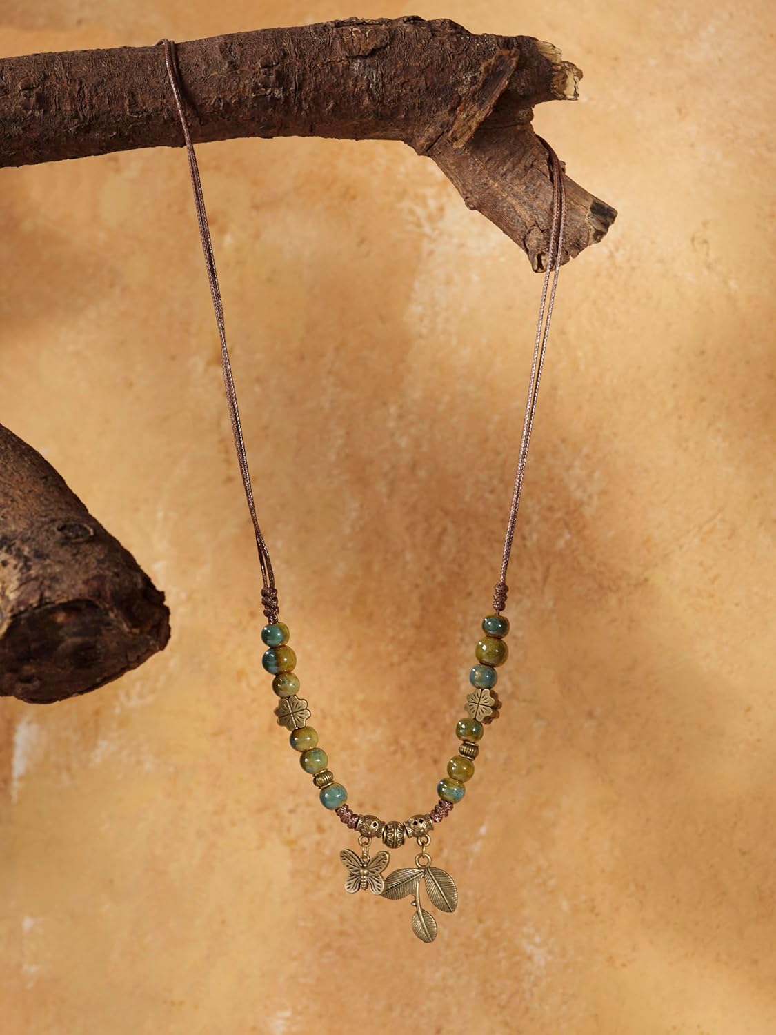 MINACHI Ceramic Beads Long Necklace, Turquoise-Toned Beads with Floral Charms, Butterfly and Leaves Pendant, Bohemian Vintage Chunky Costume Jewelry for Women - Image 6