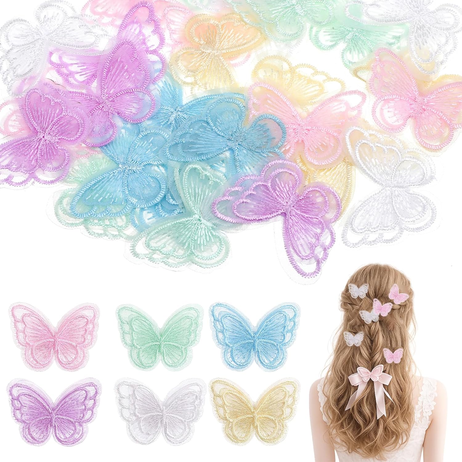 30 PCS Embroidery Butterfly Patches, Double Layer Organza Butterflies Applique Decorations, Butterfly Iron on Patches for DIY Crafts Wedding Bridal Party Headdress Clothes Hair Accessories(6 Colors)