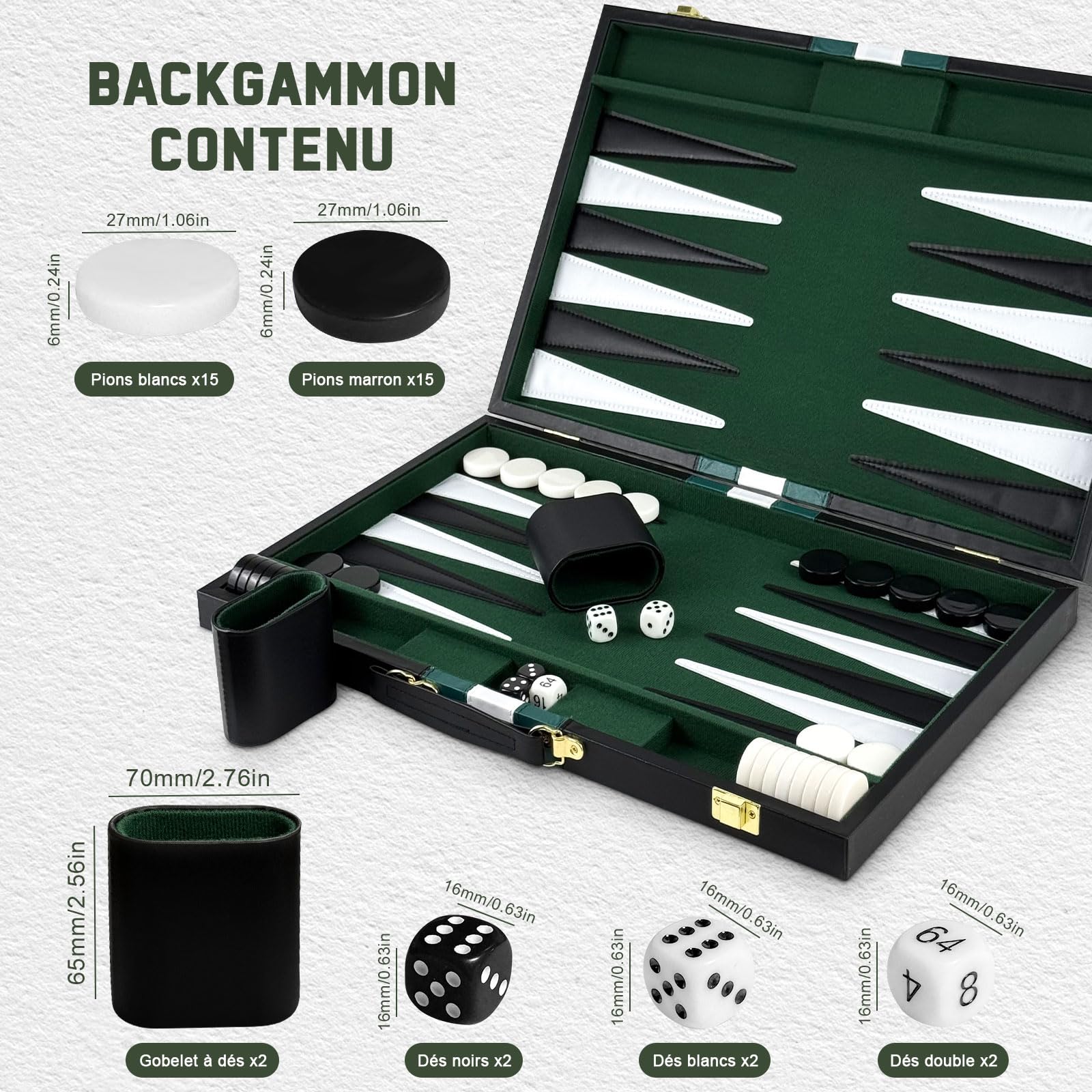 Backgammon Set, 15" Jeu de Backgammon Classique pour 2 Joueurs, Ensemble de Jeu de Stratégie Portable pour Adulte et Enfants (15 Pouces, Vert)