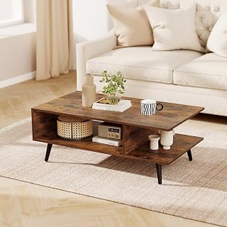 GOFLAME Wood Coffee Table, 2-Tier Mid Century Modern Center Table with 2 Open Storage Compartments & Metal Legs, Rectangular Accent Tea Tables for Living Room, Home Office, Apartment (Rustic Brown)