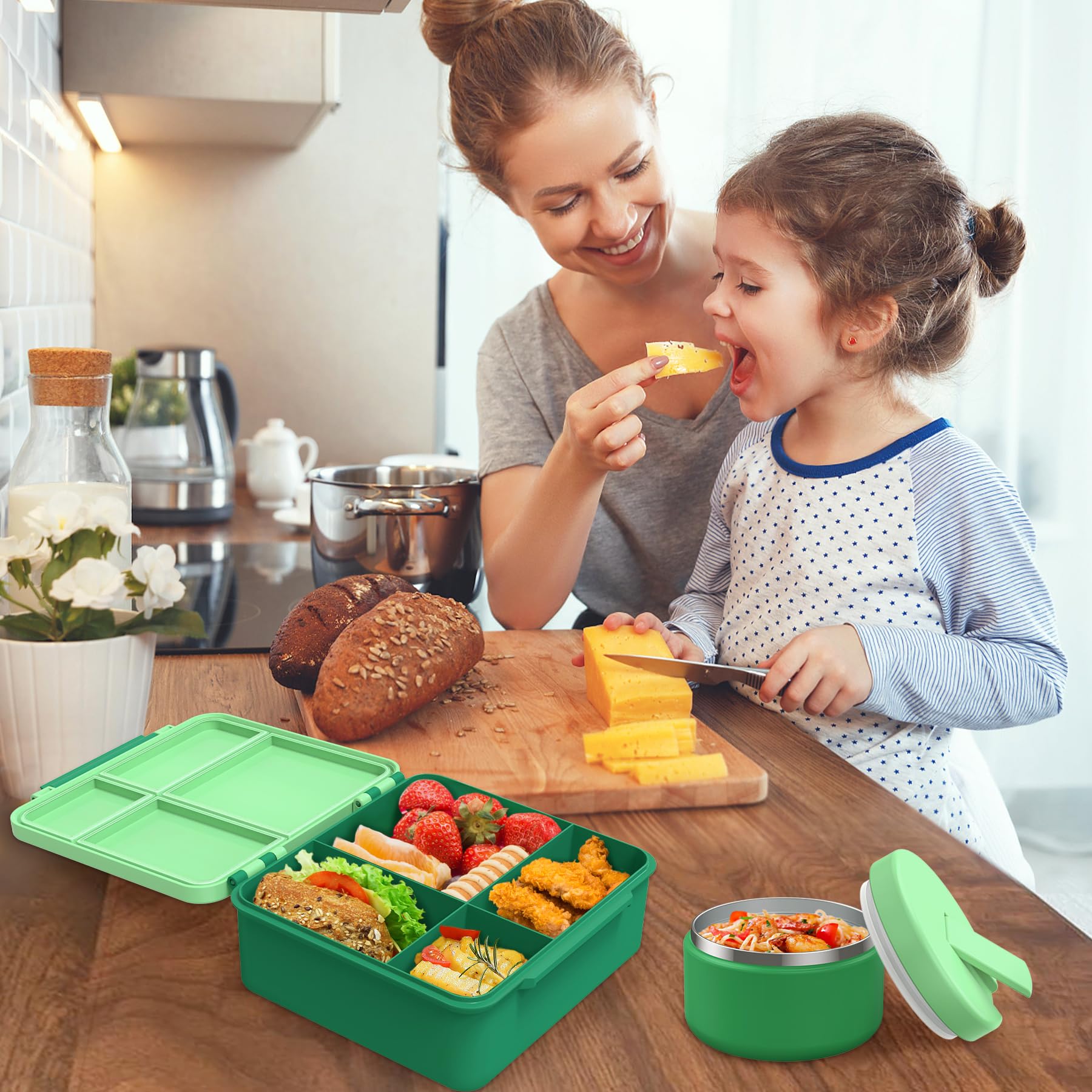 Itslife Fiambrera Infantil con 300ml Termo para Comida, Bento Box para Niños, Lunch Box con 4 Compartimentos y Cubiertos, sin BPA, Fiambrera para Niños a Prueba de Fugas, Verde
