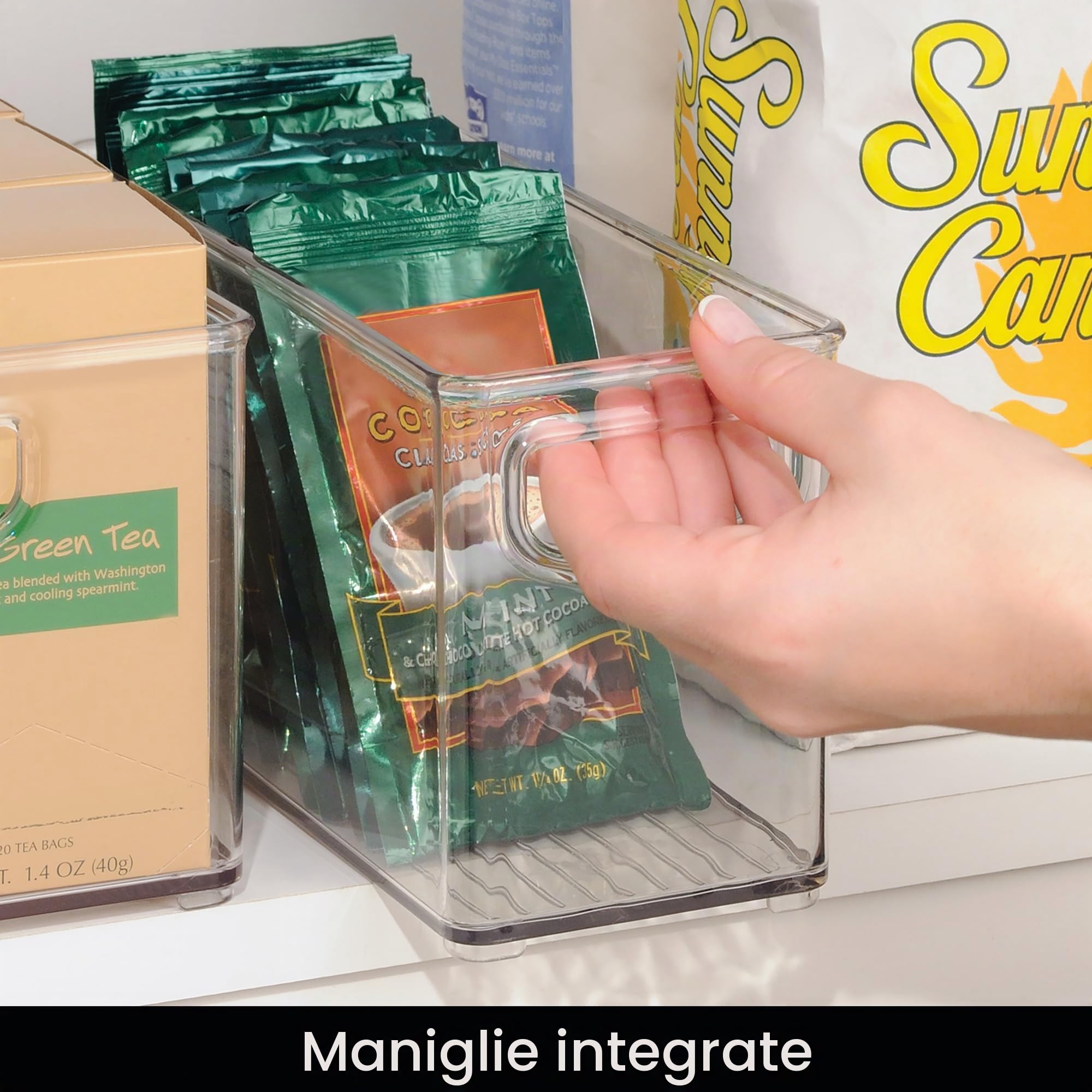 iDesign Set di 4 contenitori impilabili in plastica riciclata con maniglie per cucina, frigorifero, congelatore e dispensa, Varie dimensioni, trasparenti