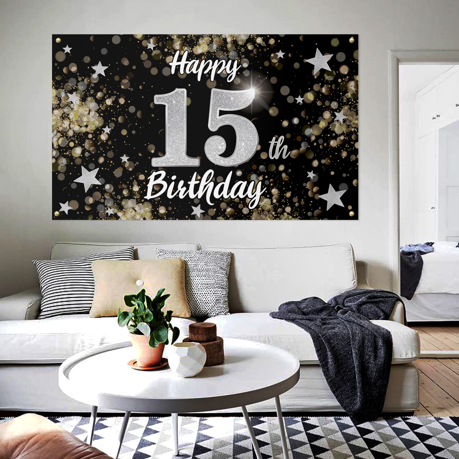 Nelbiirth Happy 15th Birthday Backdrop Banner - Black & Silver Large Party Decoration, 'Cheers To Fifteen' Sign - View #4