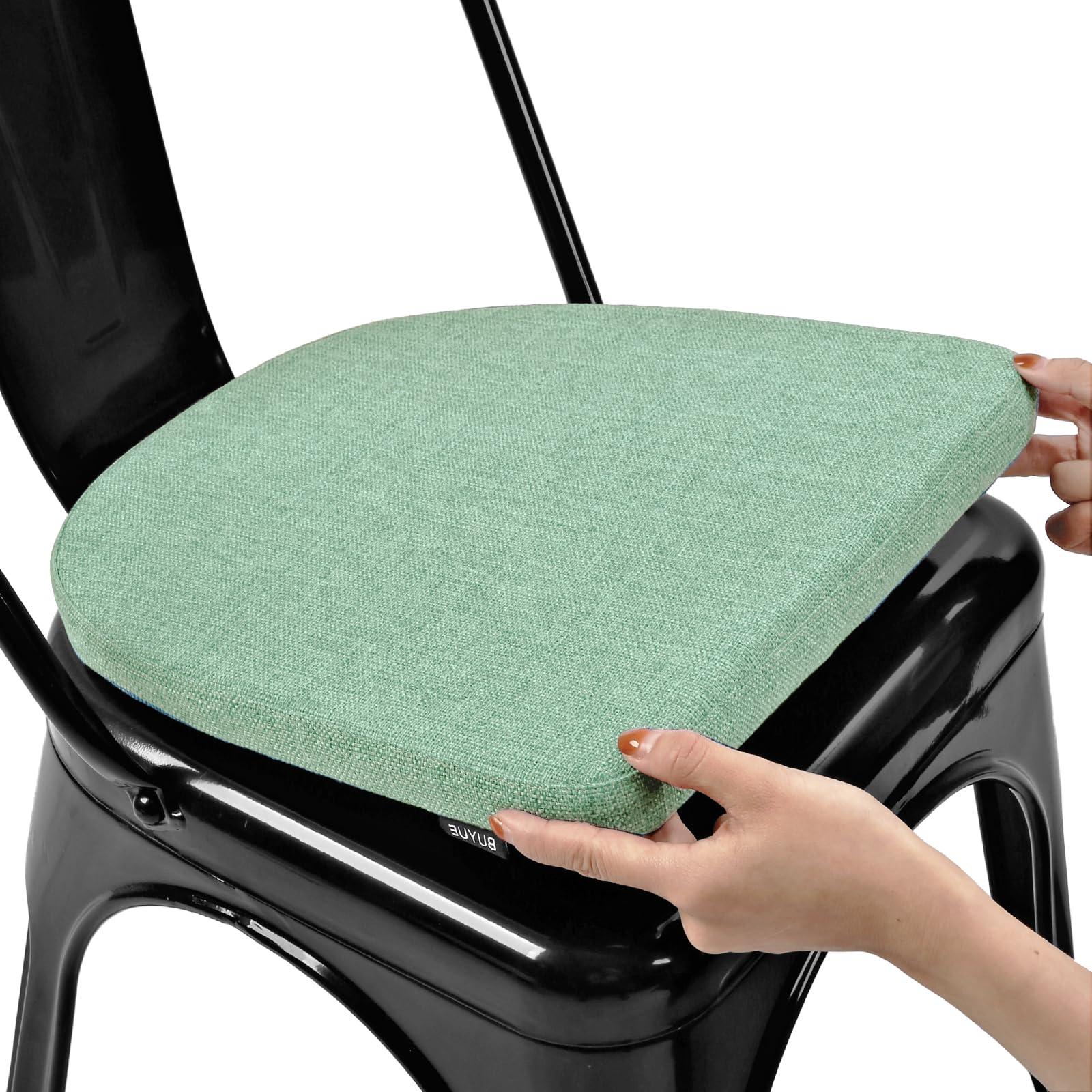 BUYUE Friendly Woven Fabric 14x14 Magnetic Cushion for Metal Chair 1 Piece, Enhanced Anti-Slip Seat Pad for Dining Kitchen Café Stackable Chair (U-Shape, Light Green, 1 Count)