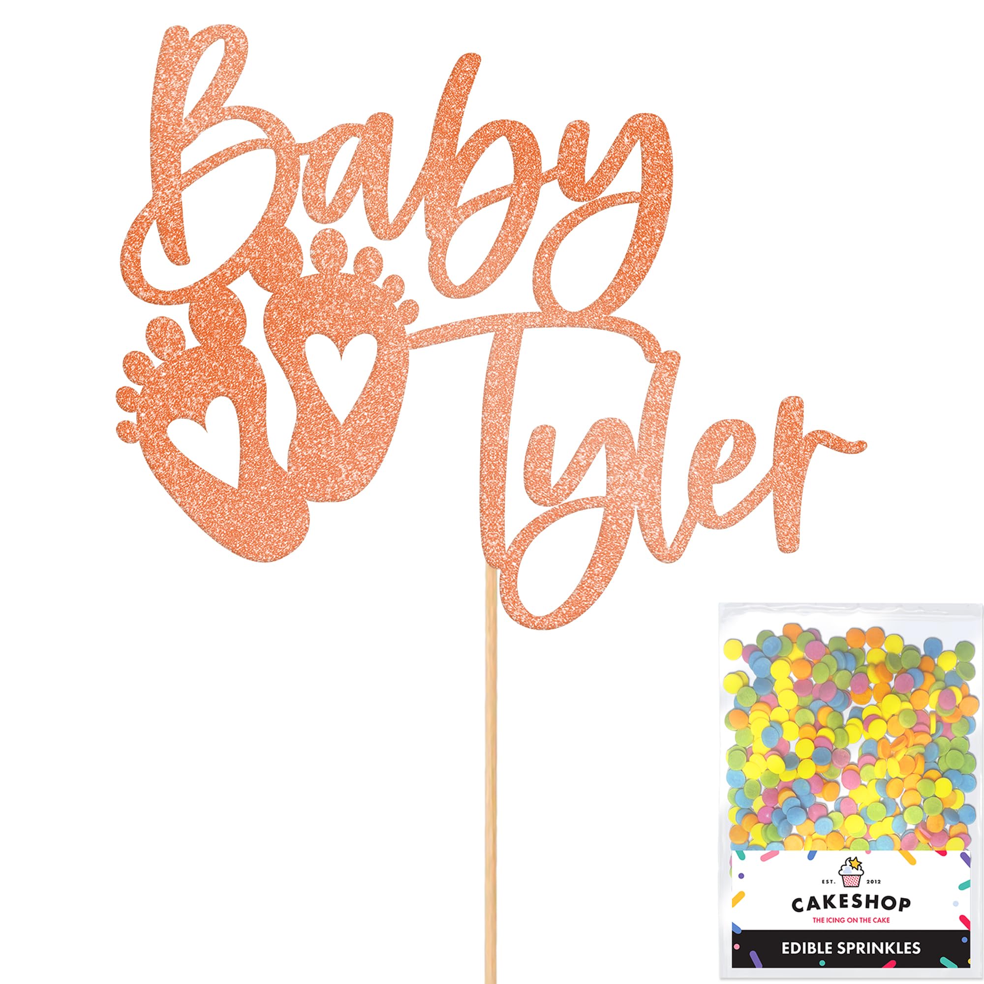 Cakeshop Personalised Baby Glitter Cake Topper With Sprinkles - Rose Gold Custom Colour - Any Name - Double-Sided Glitter Card Cake Decoration - Custom Toppers for Cakes