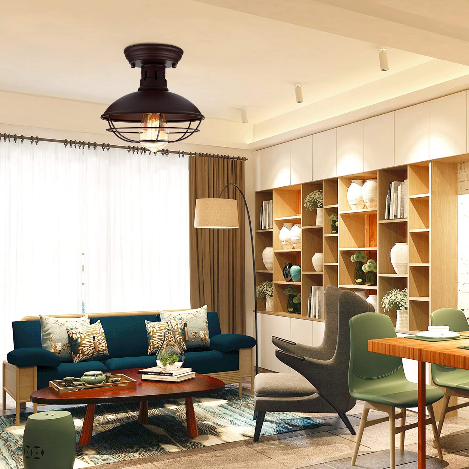 Farmhouse Flush Mount Ceiling Light - Easric Industrial Ceiling Light Fixture Rustic Copper Metal Cage Close to Ceiling Lamp E26 Base for Hallway Foyer Kitchen Porch Bronze