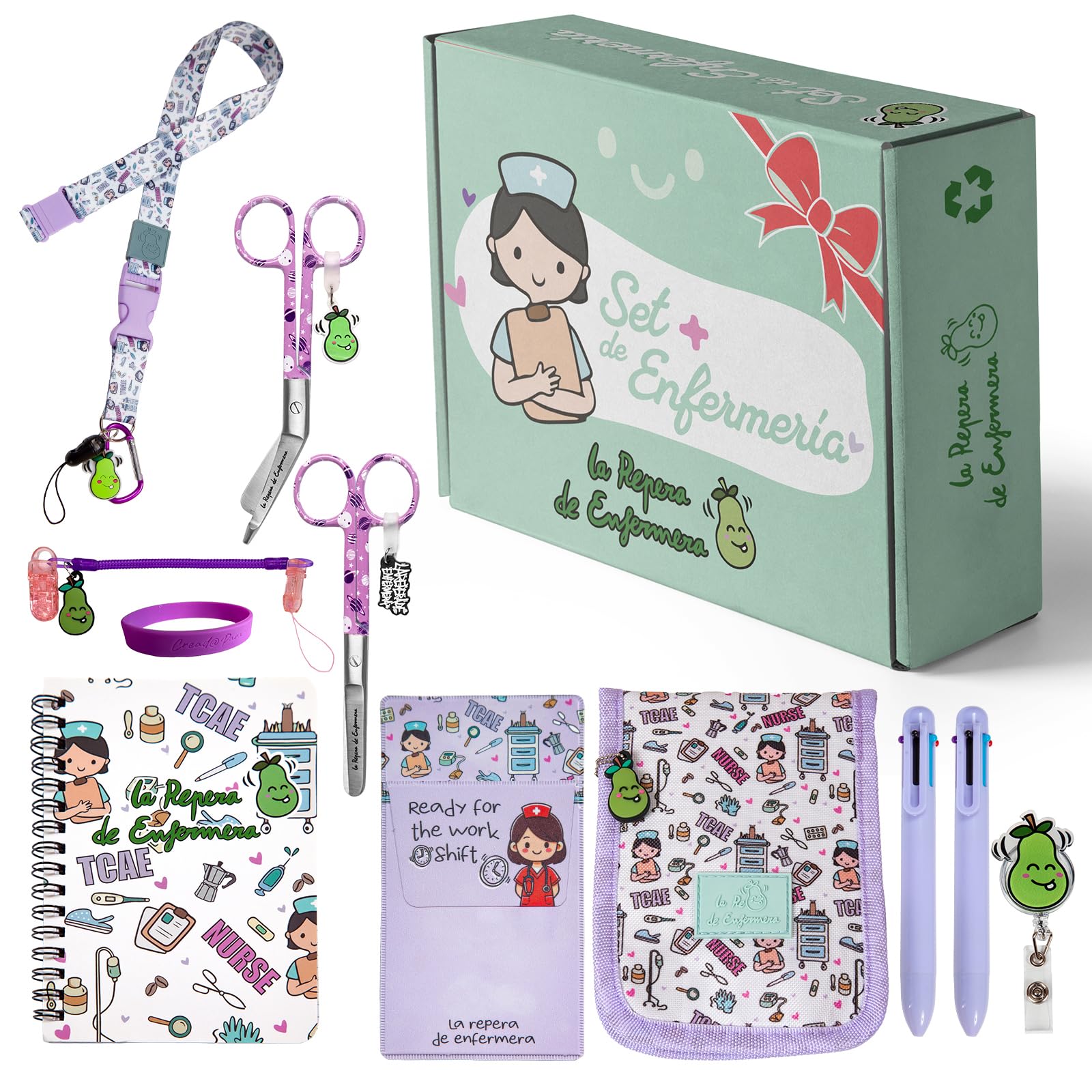 Pack de Enfermería 10 piezas | Regalos para Enfermeras | Salvabolsillos de enfermeria + 2 tijeras + Organizador de bolsillo enfermeria + Accesorios enfermeras (PURPLE NURSEES)
