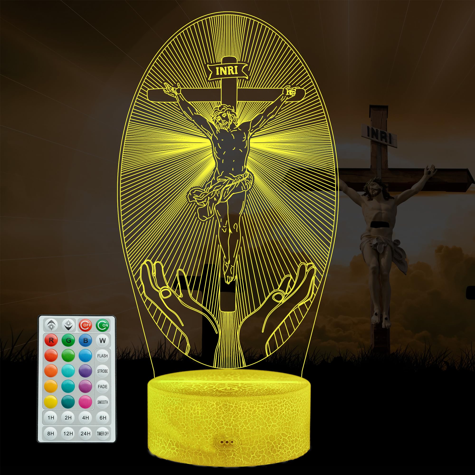 POSSHE Cross 3D Night Light, Jesus Lamp, 16 Colors Changing, Remote Control with Timer, RGB Flashing Mode and Dimmable, Jesus Gift for Christmas