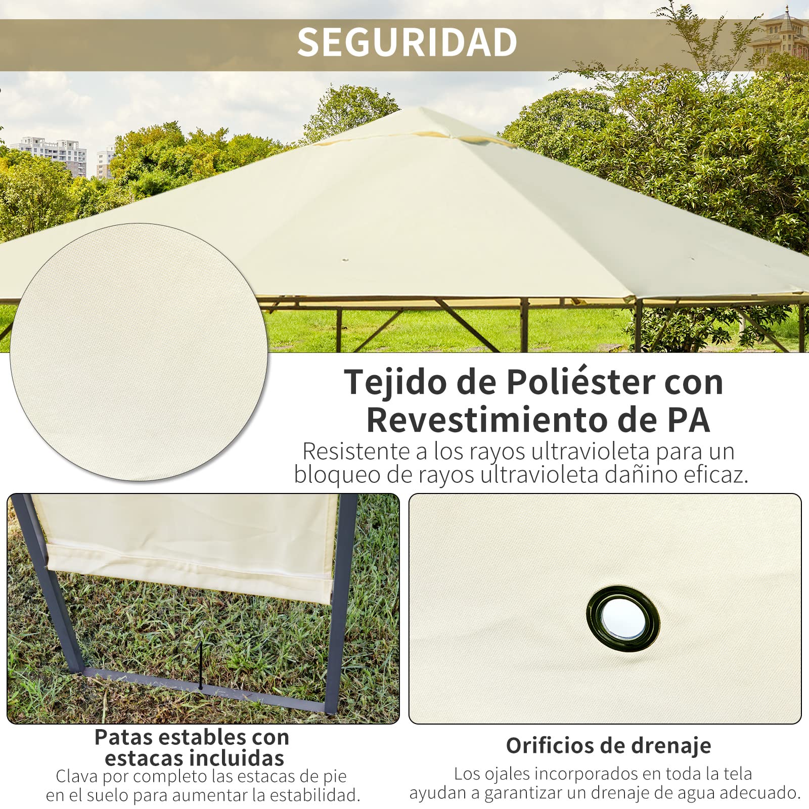Outsunny Cenador de Jardín Gazebo 3x3x2,6 m con Marco de Acero Patio Crema | Pabellón de Exterior, 8 Orificios de Drenaje, Impermeable