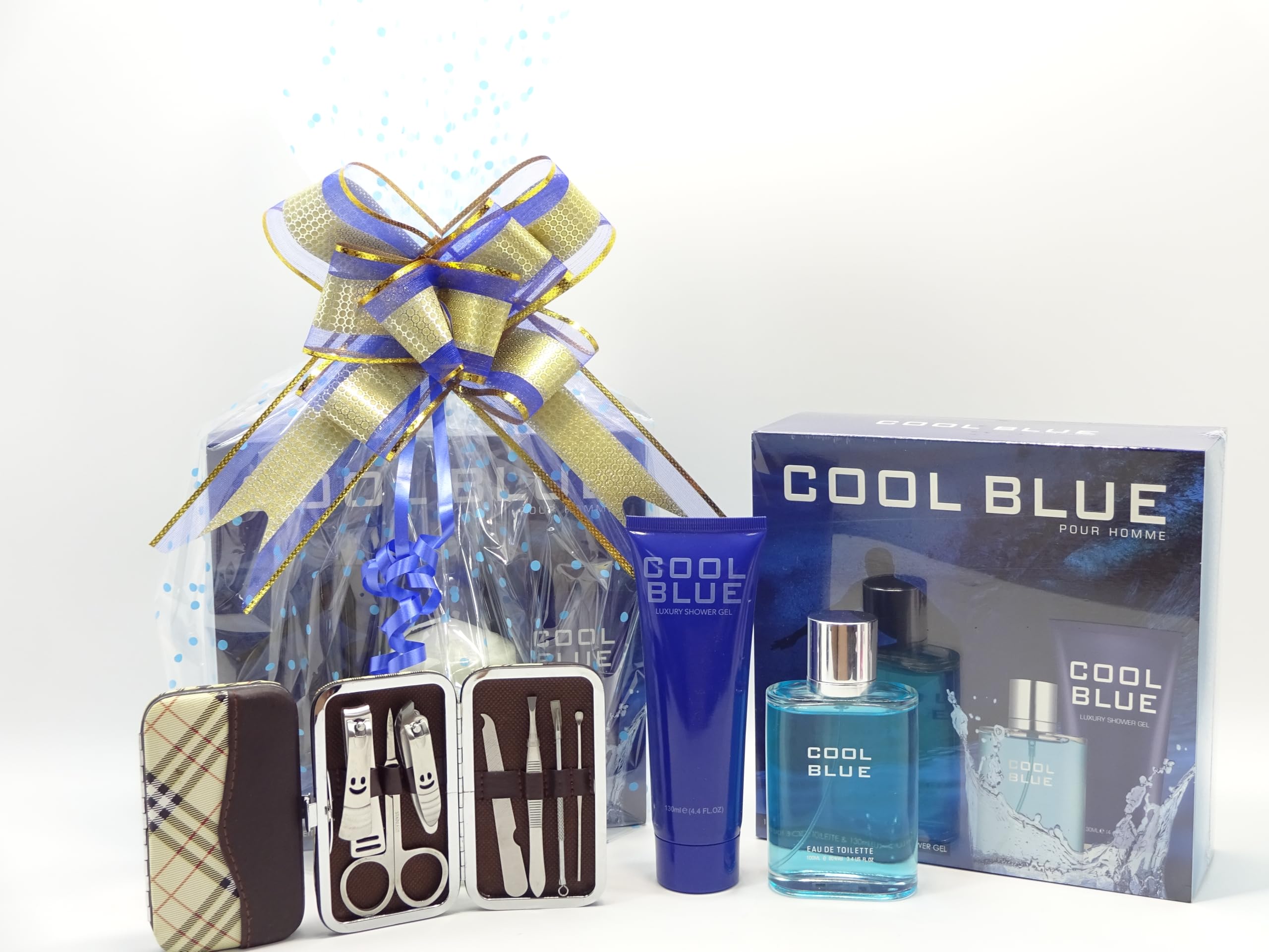 Luksusowy zestaw upominkowy dla niego, Cool Blue 2 szt. Zestaw upominkowy perfum 100 ml EDT i 130 ml luksusowy żel pod prysznic, zestaw do manicure, kosz prezentowy zapakowany na prezent