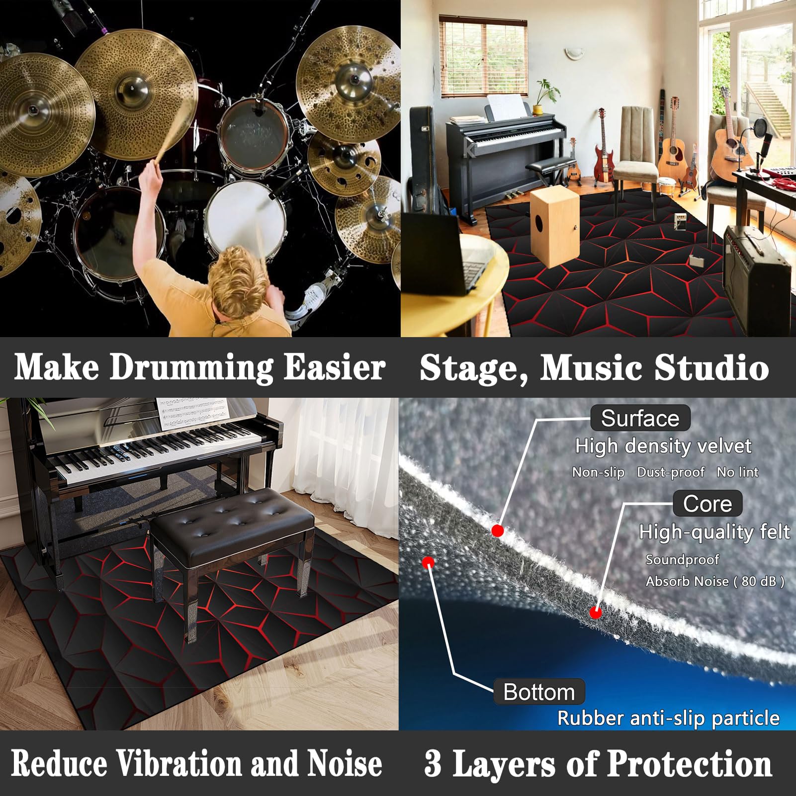 Tappetino professionale antiscivolo per batteria acustica ed elettronica, coperta insonorizzata con assorbimento acustico, accessori per batteria elettrica, 160 x 120 cm