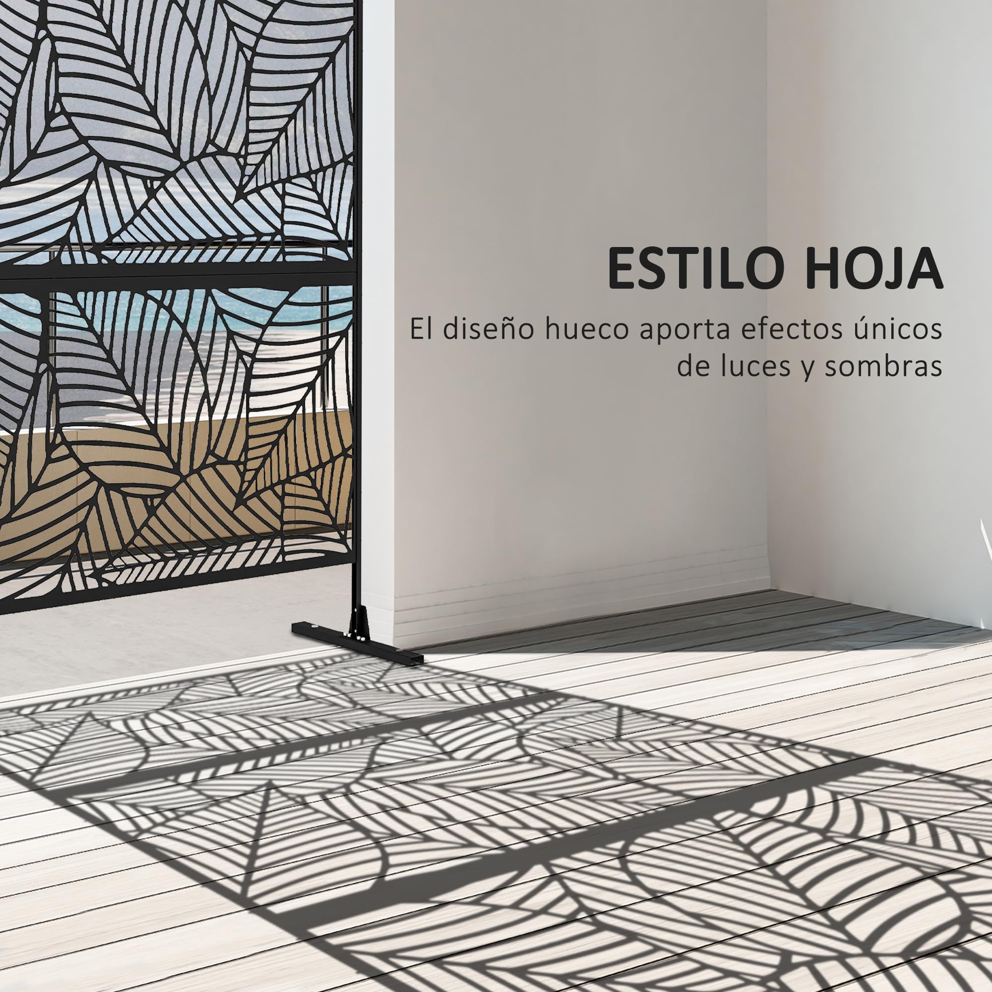 Outsunny Biombo de 3 Paneles con Soporte 122x198 cm para Exterior Negro | Con Tornillos de Expansión, Diseño de Hojas Grandes para Jardín, Patio y Terraza