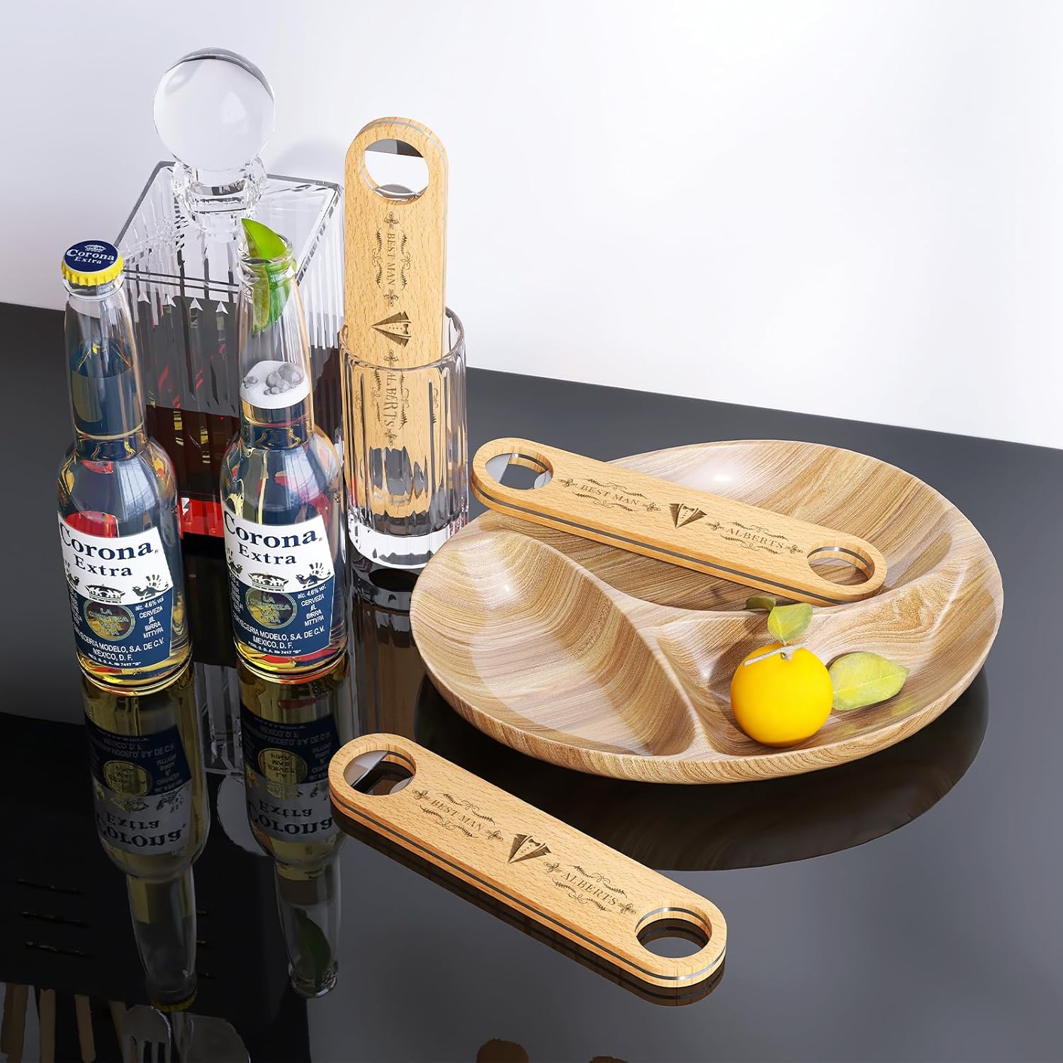 3PCS Personalized Wooden Bottle Opener,Groomsmen Best Man Gifts for Wedding Bachelor Party,Engraved Gifts for Father, Grandfather, Bartender, Customised Patterns and Text.Bar Blades Bottle Opener.