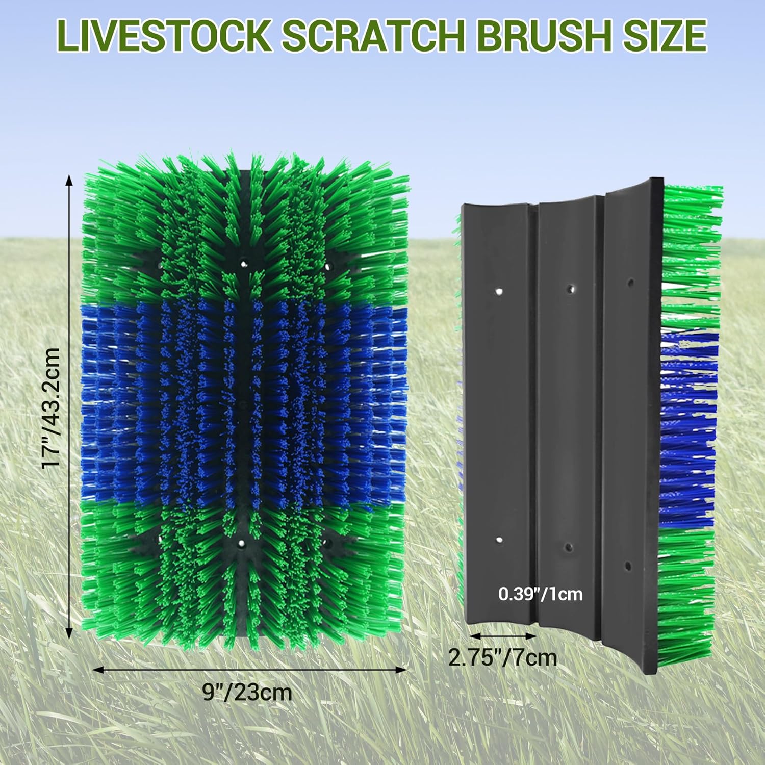 2 Pcs Horse Brushes for Grooming, Livestock Scratching Brush with Mounting Screws, Keep Cleaning & Relieve Itching On The Back for Horses Sheep Cow Pigs, Green & Blue