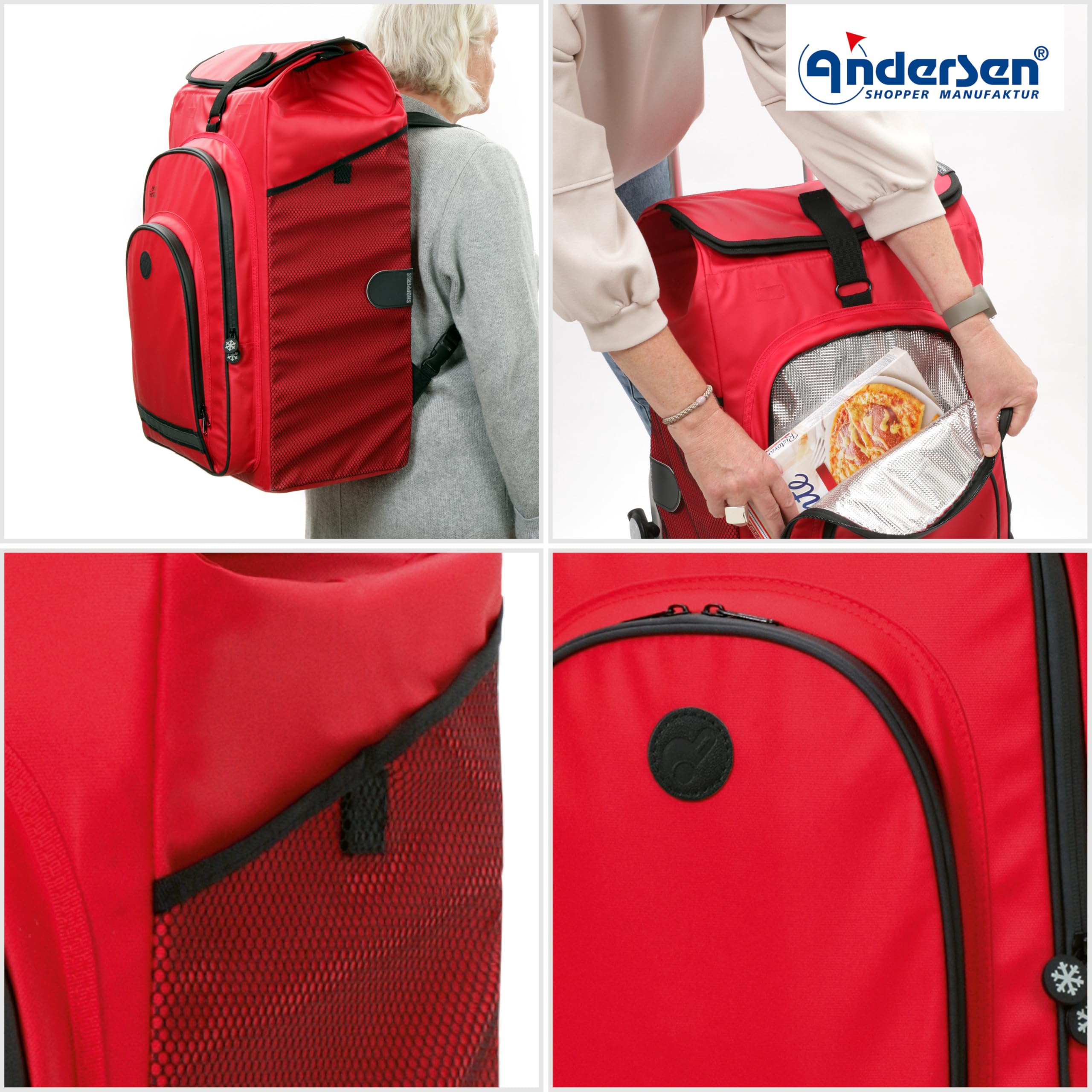 ANDERSEN Einkaufstrolley - Tura Shopper Hydro 3.0 rot | Fahrradanhänger, Luftbereifung, ergonomischer Griff, bis 50 kg - Tasche mit Rucksackfunktion, Thermofach, viel Stauraum, 62 L
