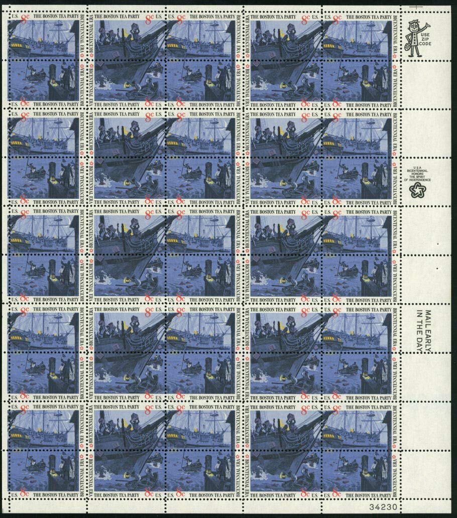 United States Postal Service US Stamp - 1973 Boston Tea Party - 50 Stamp Sheet - Scott #1480-3
