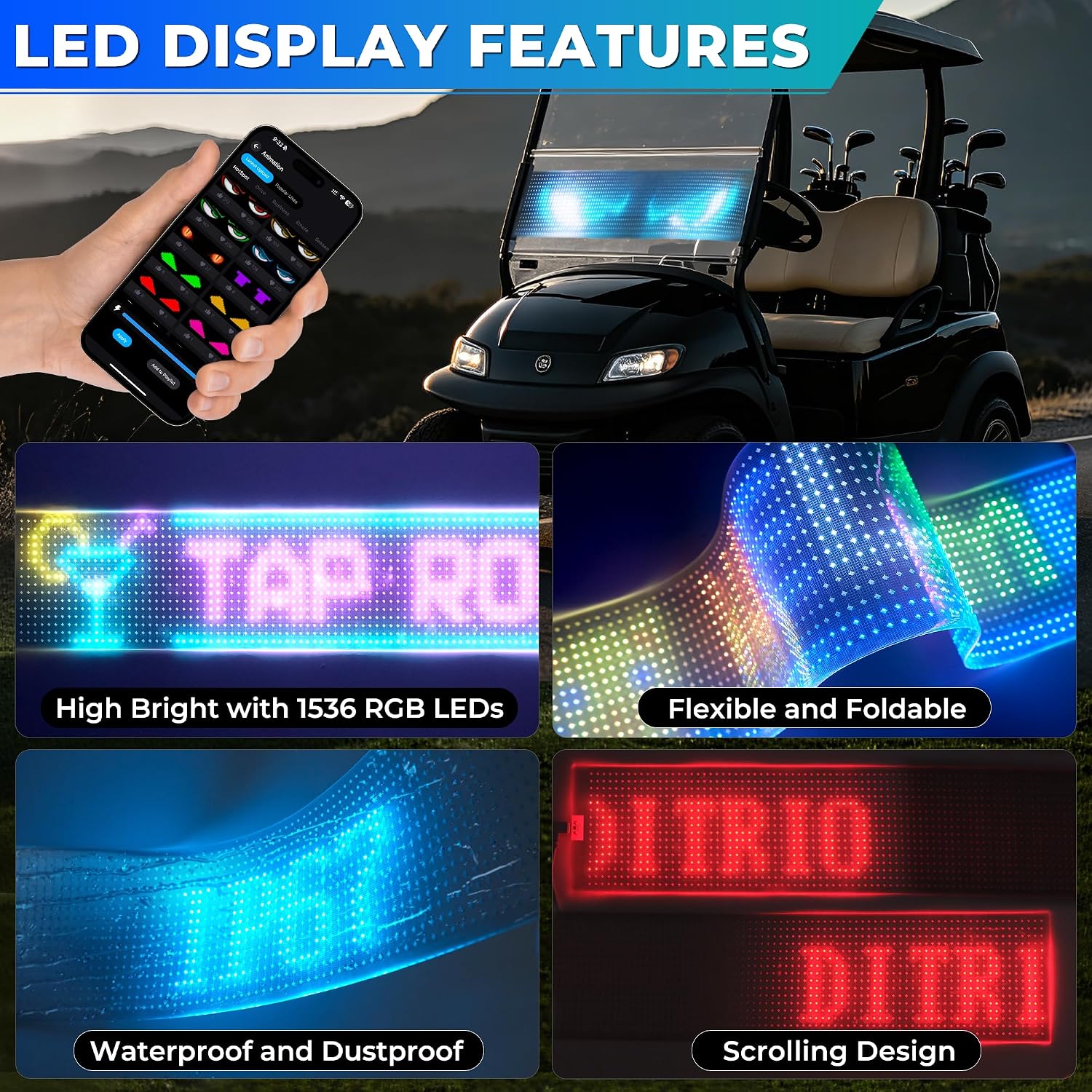 DITRIO Golf Cart Devil Eyes Light,23x5in Programmable Flexible Led Eyes for Car Windshield with App/Remote Control,High Bright DIY Animated Scrolling Electra Eyes for Golf Cart Trucks Suvs Decor image 2