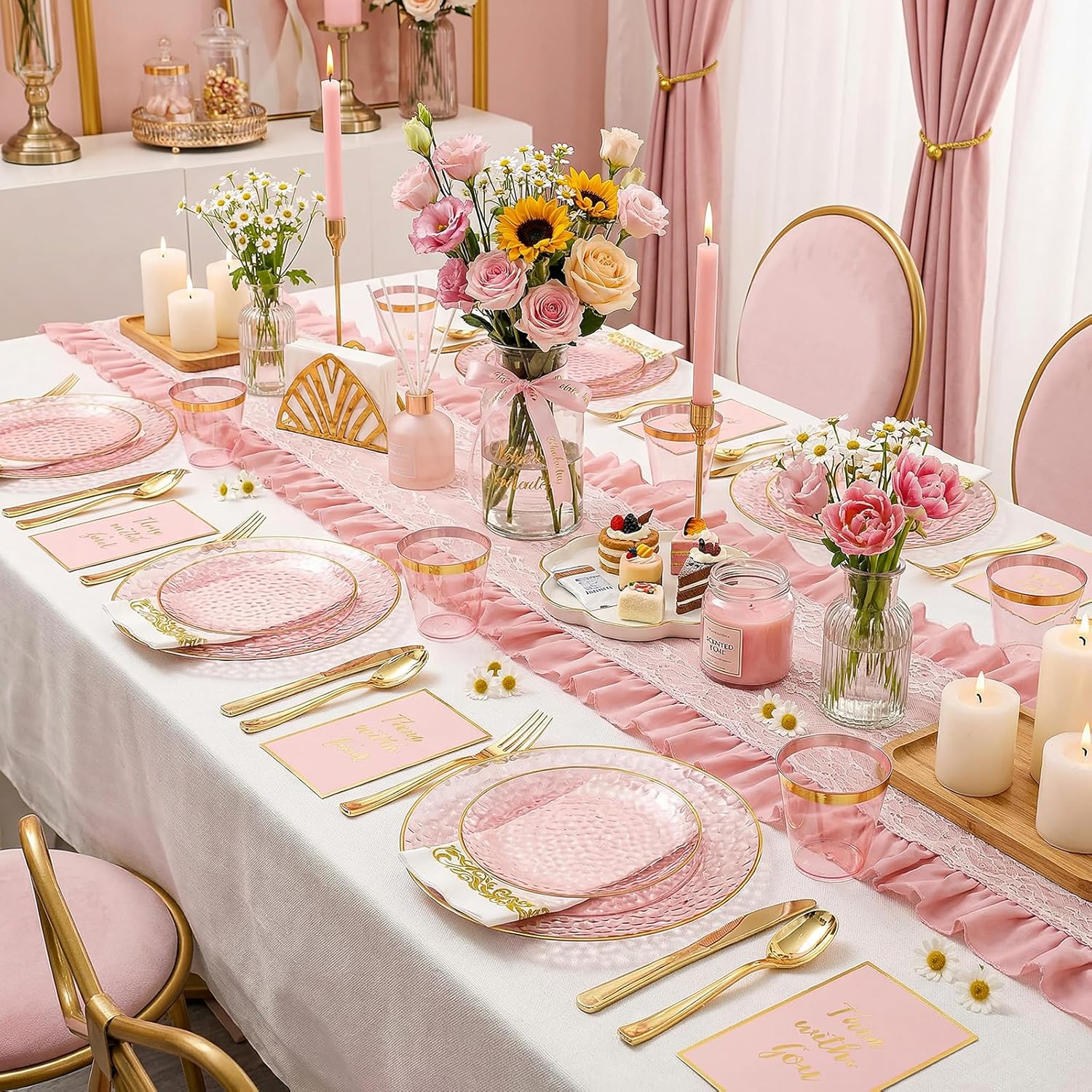 Rubtlamp 350 Pcs Clear Pink Plastic Plates, Pink Gold Plastic Dinnerware Set (50 Guests), Disposable Plates With Gold Rim, Hammered Party Plates Set for Wedding And Party