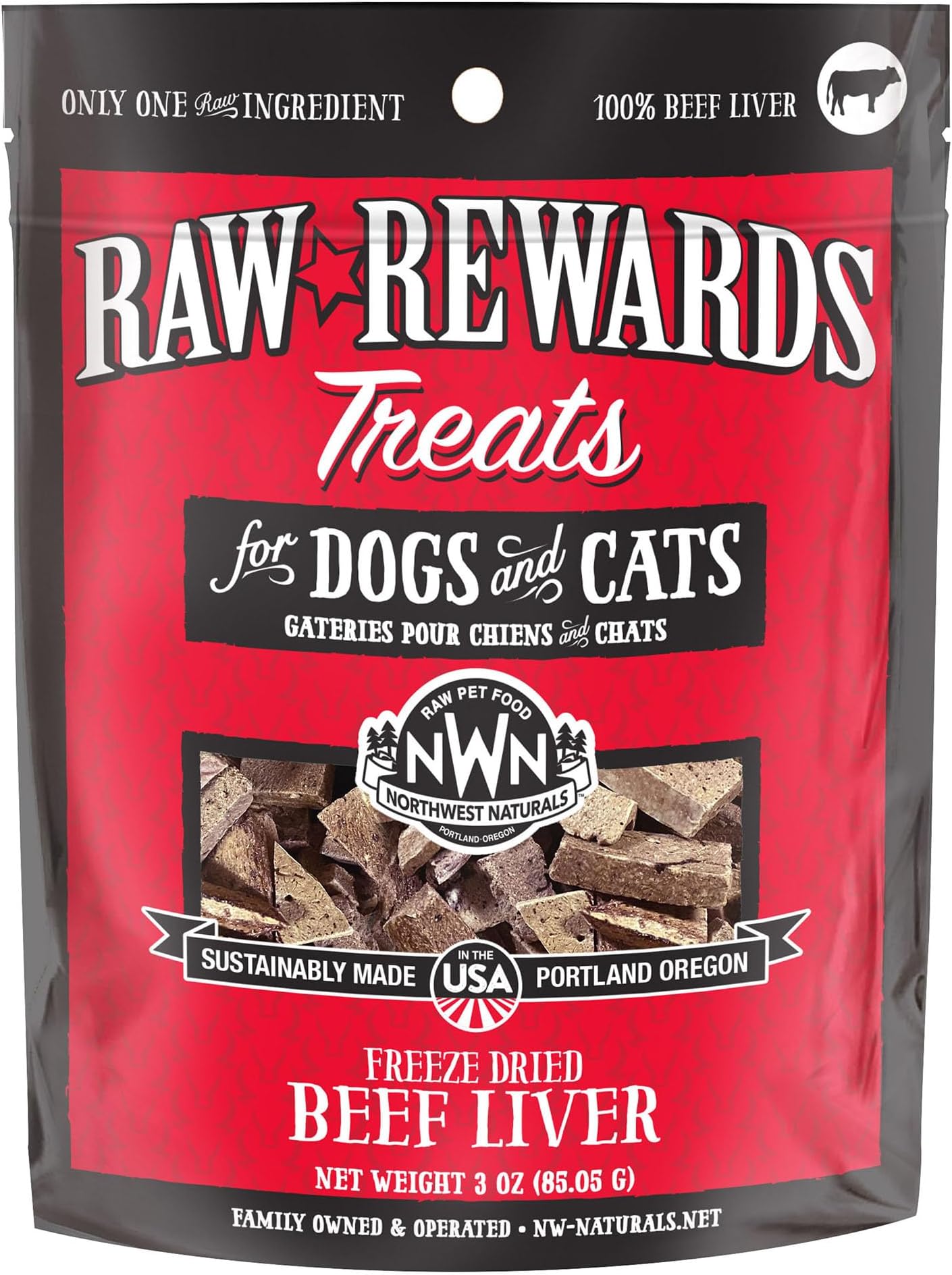Northwest Naturals Raw Rewards Freeze-Dried Beef Liver Treats for Dogs and Cats - Bite-Sized Pieces - Healthy, 1 Ingredient, Human Grade Pet Food, All Natural, Proudly Made in USA, 3 Oz
