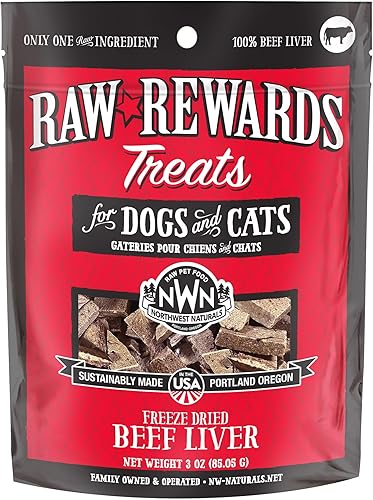 Northwest Naturals Raw Rewards - Golosinas liofilizadas para perros y gatos - Hígado de carne - Alimento para mascotas sin gluten - 3 onzas