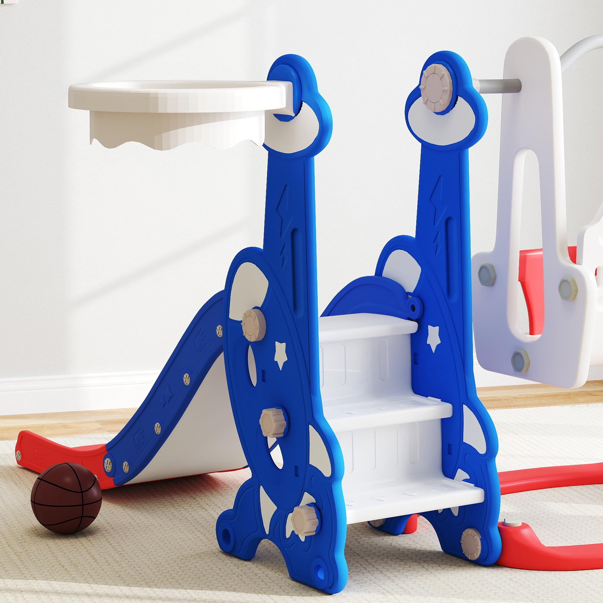 Qaba 4-in-1 Kletterrutsche mit Basketballkorb, 1,5-4 J., dunkelblau | Baby-Kinder Indoor-Rutsche-Schaukel-Set, Indoor-Spielplatz, für Jungen Mädchen Kleinkind, Raketen-Thema