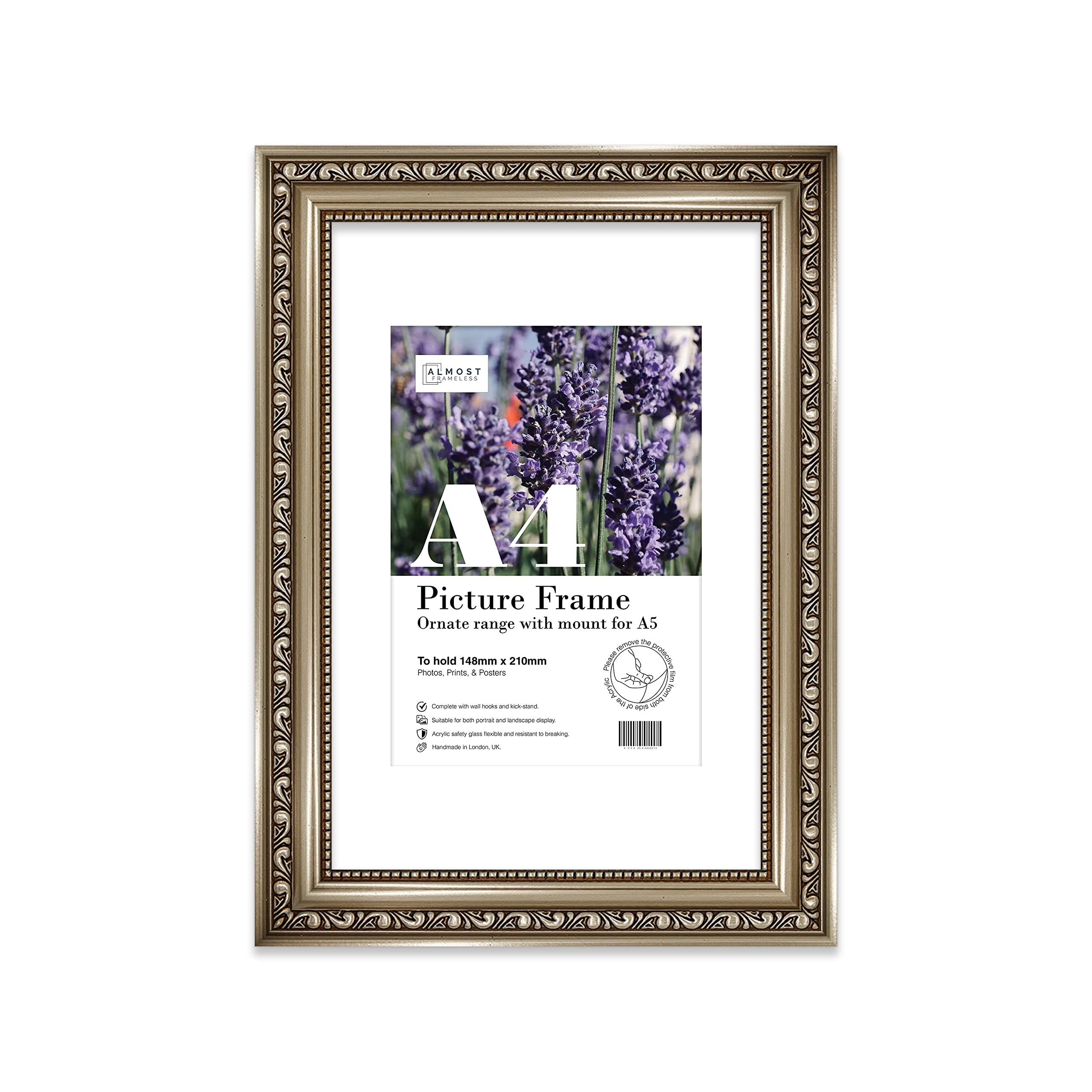 Almost Frameless A4 Gunmetal Ornate Picture Frame With White Mount for A5 (14.8 x 21cm - 5.8 x 8.3in) Poster, Photo, Artwork, or Print. Opulent Style Portrait and Landscape Display with Wall Hooks