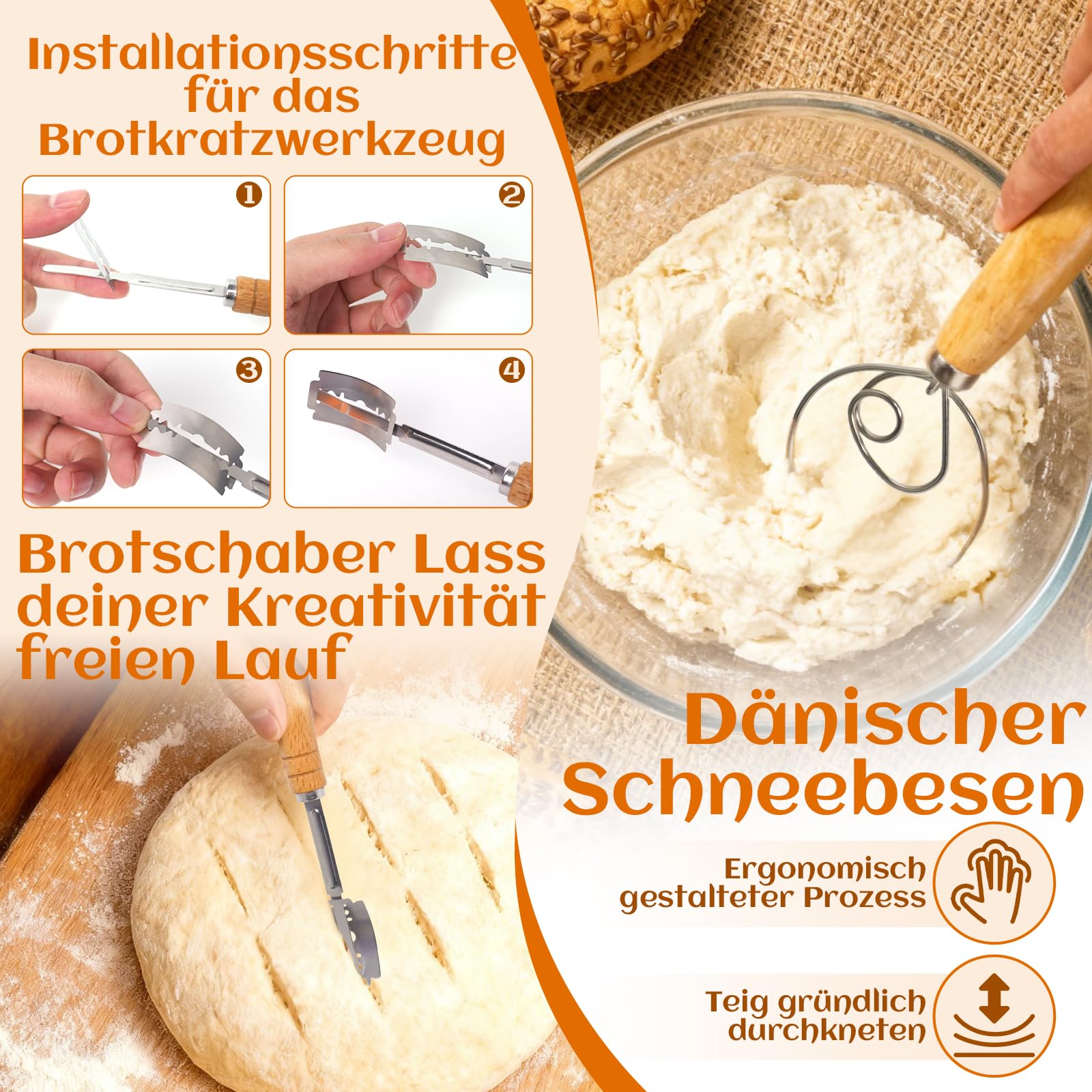 Gärkörbchen Für Sauerteig Starter Set, Gärkorb (23cm rund & 25cm oval),100% natürlichem Rattan, inkl. Teigschaber, Leineneinsatz, Teigrührer & mehr | Professionelles Brotbackzubehör (Orange)