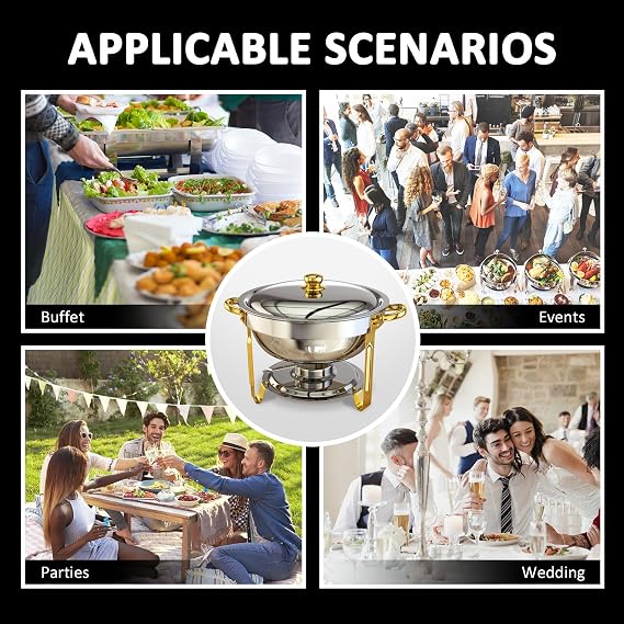 Chafing Dishes for Buffet, 4 Pack 6QT Round Chafing Dish Buffet Set [Elegant Gold and Silver Colors] Stainless Steel Buffet Servers and Warmers for Catering Events Parties Dinners with Complete Set