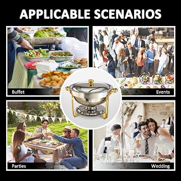 Chafing Dishes for Buffet, 4 Pack 6QT Round Chafing Dish Buffet Set [Elegant Gold and Silver Colors] Stainless Steel Buffet Servers and Warmers for Catering Events Parties Dinners with Complete Set