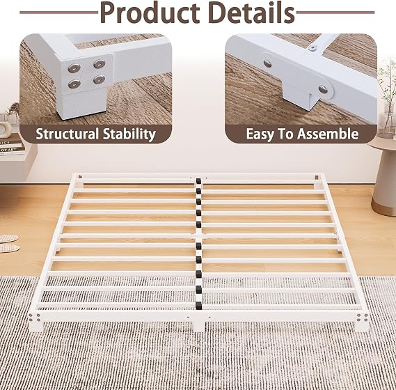 8cm Low King Size Bed frame, Metal Bed 150x200 cm, 5ft King Heavy Duty Metal Platform Bed Frame with Steel Slat Support, No Box Spring Needed, Easy Assembly, Noise Free, White