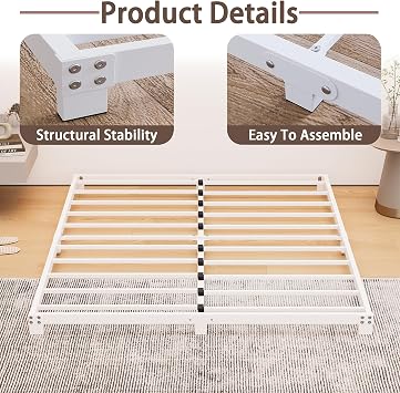 8cm Low King Size Bed frame, Metal Bed 150x200 cm, 5ft King Heavy Duty Metal Platform Bed Frame with Steel Slat Support, No Box Spring Needed, Easy Assembly, Noise Free, White