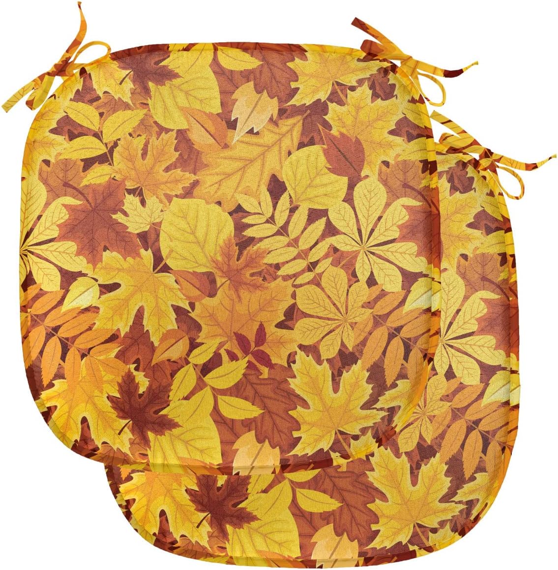 Ambesonne Autumn Chair Seating Cushion Set of 2, Shady Fall Oak Maple Tree Leaves on Faded Tones Seasonal Foliage Art, Anti-Slip Seat Padding for Kitchen & Patio, 16"x16", Earth Yellow Marigold