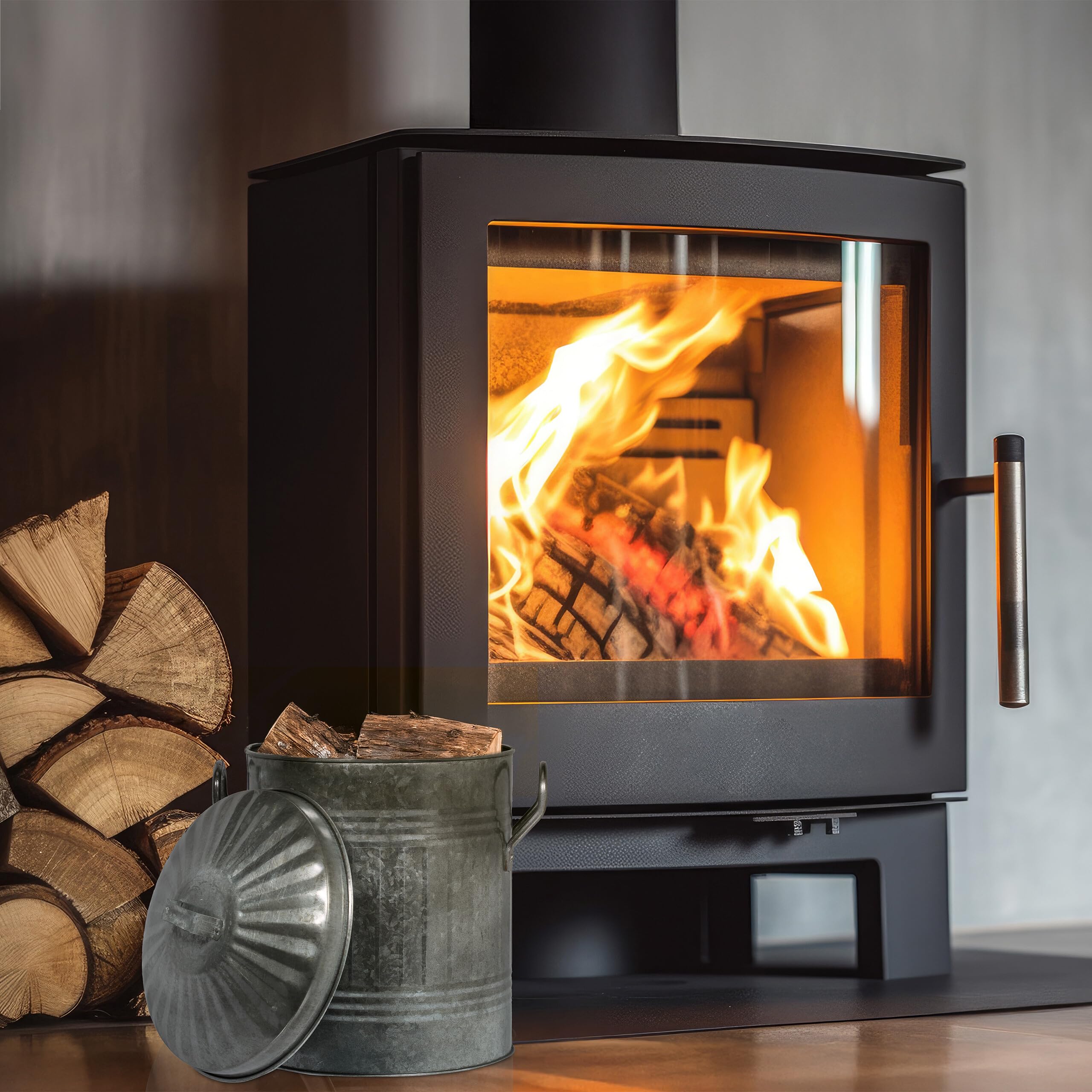 Relaxdays Cubo para Cenizas con Tapa, 10 L, Accesorio Chimenea, Estufa, Almacenar Carbón, Hierro Galvanizado, Plateado