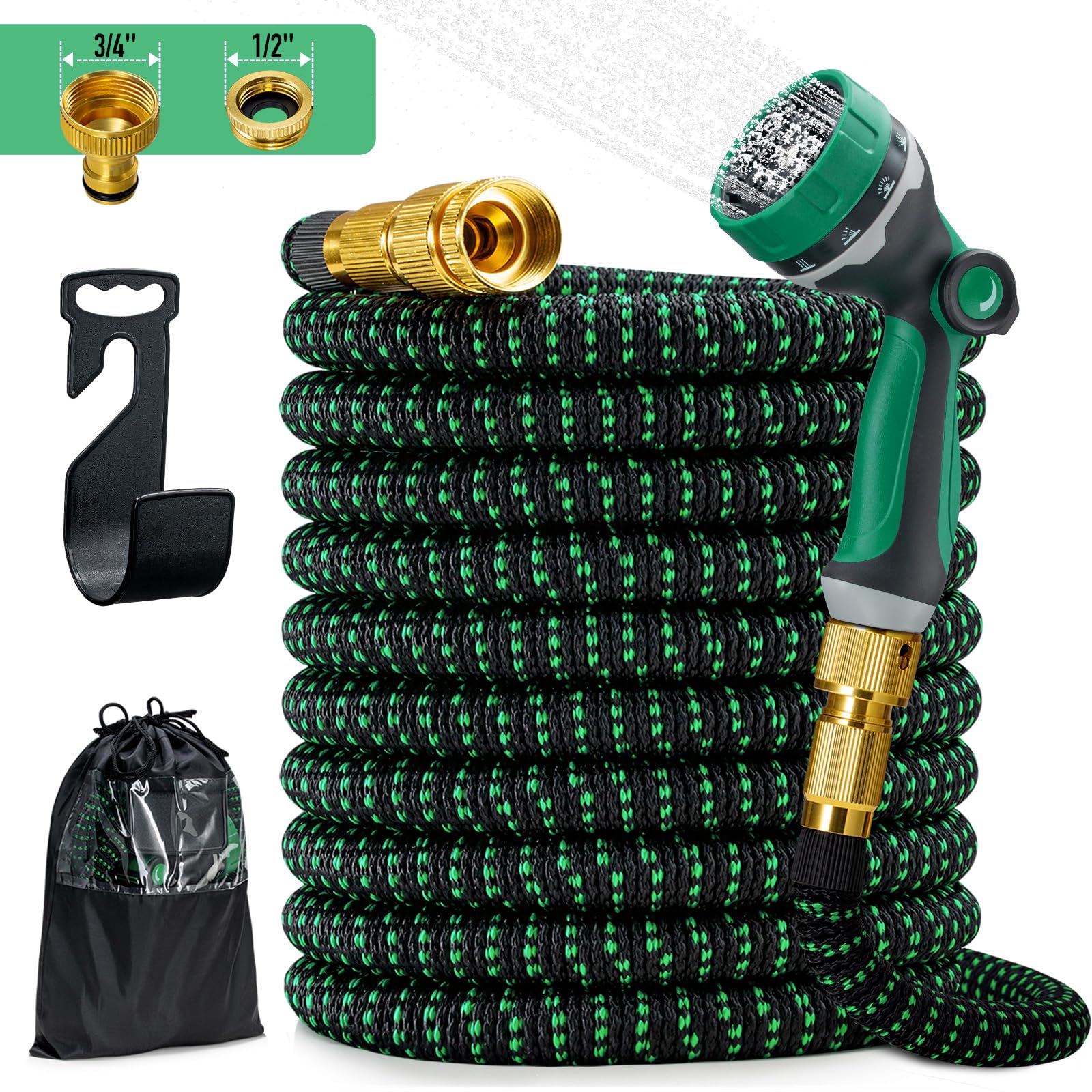 JUNEBOW® Garden Hose 75ft, Expandable Water Hose with 10 Function Nozzle, Lightweight Flexible Hose with 3/4''&1/2'' Solid Brass Fittings and 3-Layer Latex Core