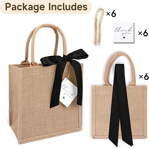 Miniatura 2 de Paquete de 6 bolsas de arpillera con asas reutilizables pequeñas bolsas de regalo de yute con cintas de seda negras, forro impermeable para boda,