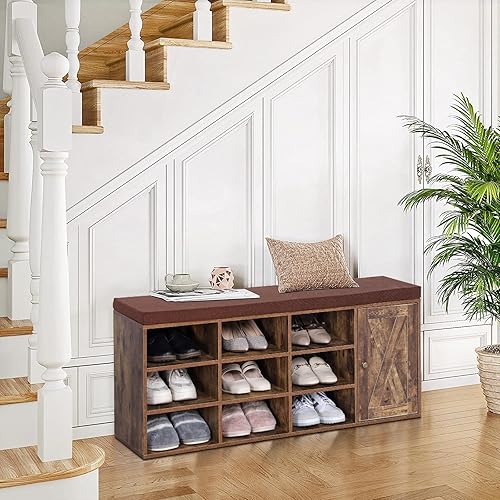 Miniatura 7 de MFSTUDIO Banco de almacenamiento de zapatos, banco de zapatos con armario de puerta de granero, 9 compartimentos abiertos, cojín de asiento,