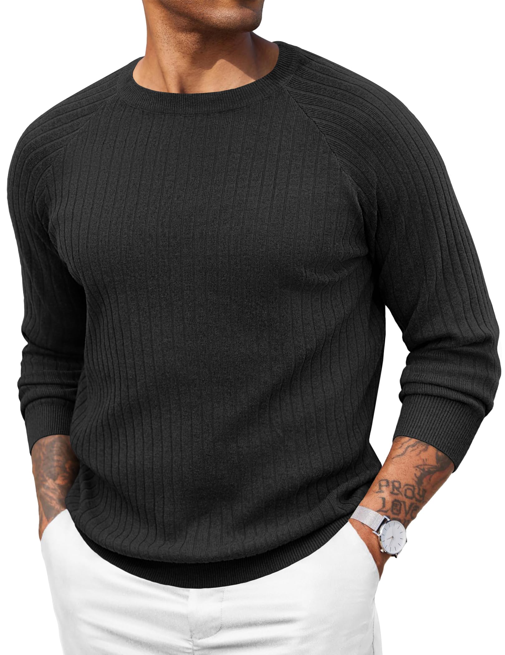 COOFANDY Maglione da uomo a maniche lunghe girocollo slim fit business casual pullover maglione, Striscia sottile nera, L
