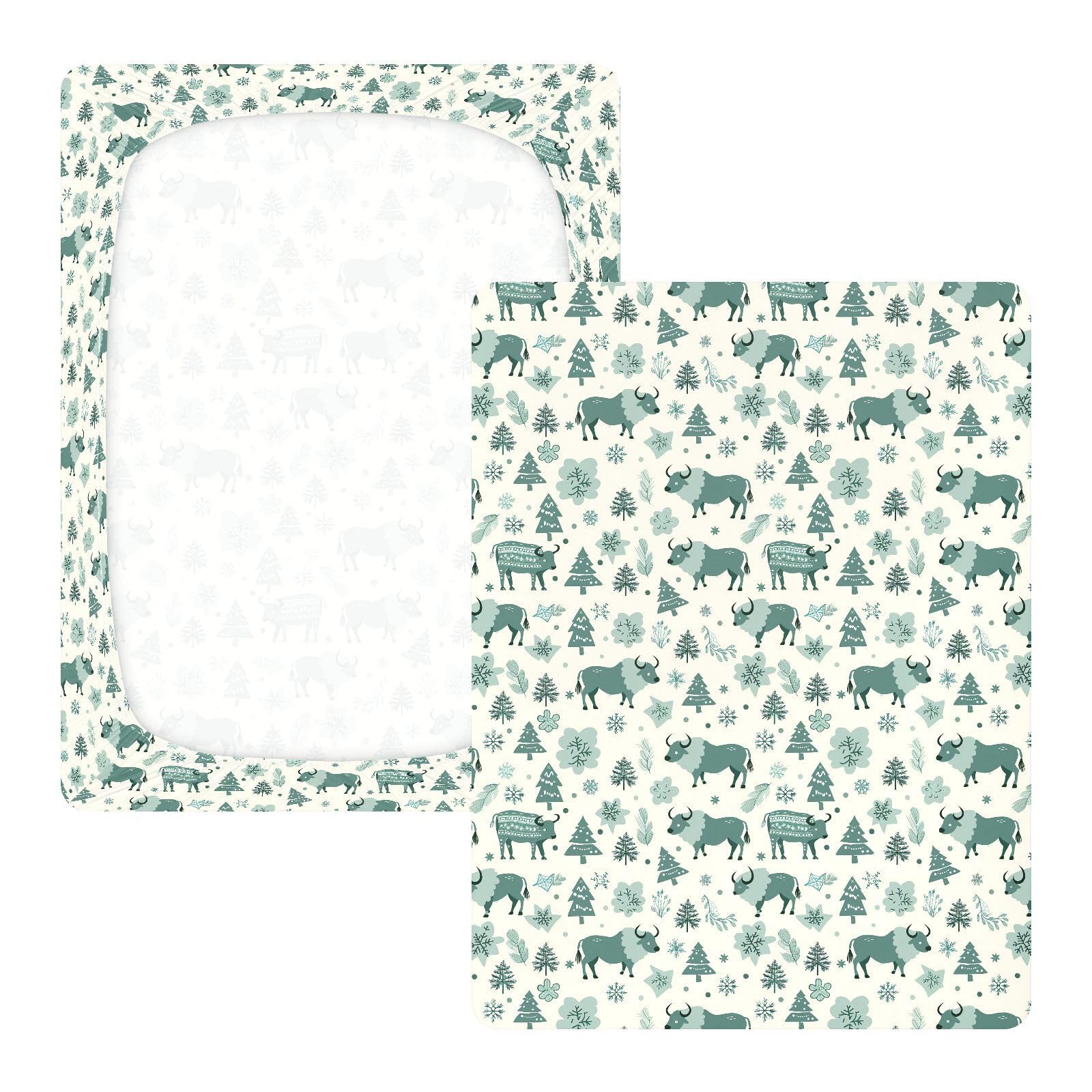 Sábanas de algodón para cuna de bebé, suaves, cómodas, color verde azulado, seis búfalos, bohemios, para decoración de guardería, 1 paquete de cuna para ni?a de 52 x 28 pulgadas